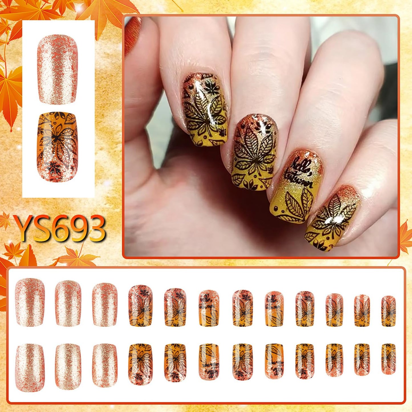 EYZOTSF Thanksgiving Press on Short Square Nails Acrylic Fall False Nails with Maple Leaf Designs Artificial Autumn Leaves Square Fake Nails Holiday Glue Stick ons Fingernails for Women(YS693)