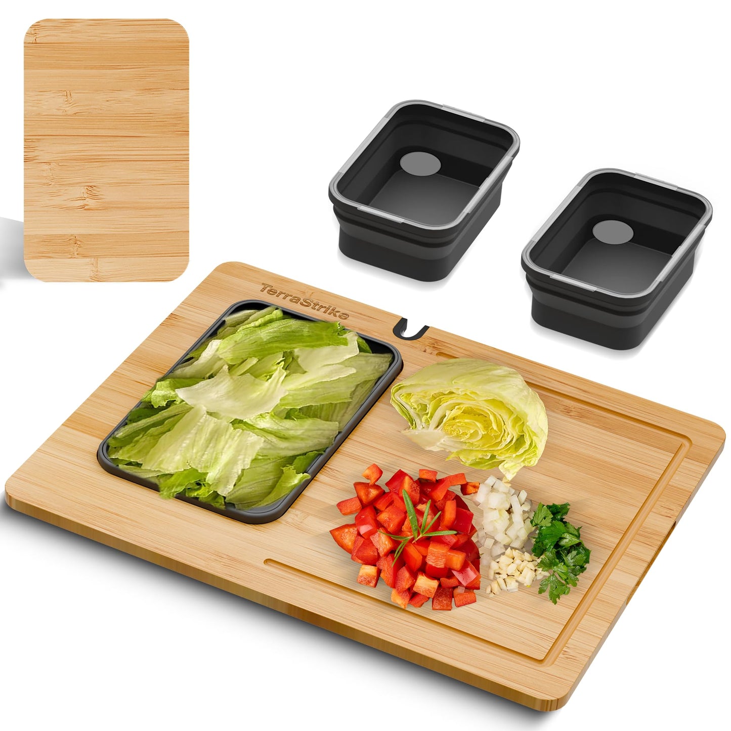TerraStrike Bamboo Cutting Board Set with Knife Sharpener – Thick Wood Boards with Juice Groove, Silicone Container & Handles Non-Toxic Over Sink Design Ideal Kitchen Gifts