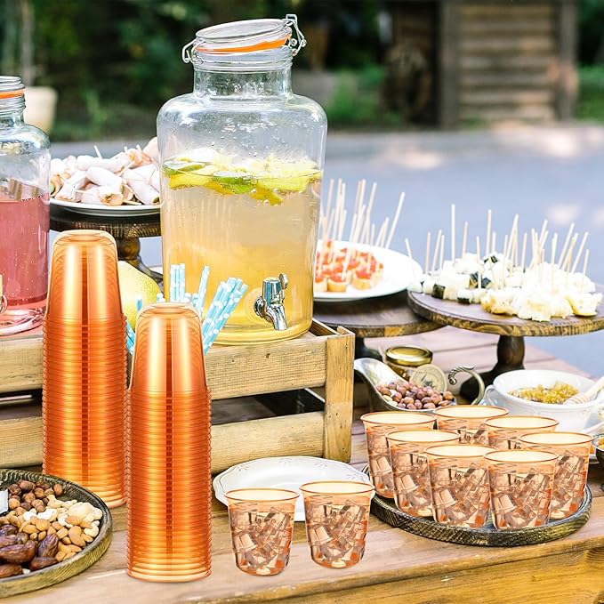 50pcs Disposable Stemless Glasses 12oz Crystal Plastic Wine Glasses Clear Classic Pet Cup for Meeting Weddings Birthdays Cocktail Christmas Party Supplies (Orange)