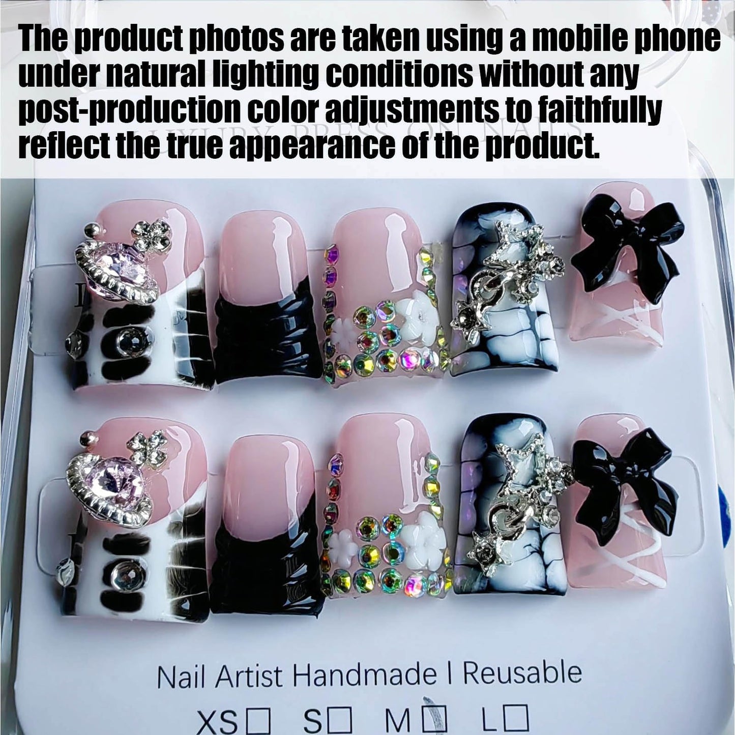 Gleamrain Handmade Press on Nails Duck Fake Nails Pink and Black Design with Rhinestones and Bow and Flower for Women 10pcs M Size Pattern 1101