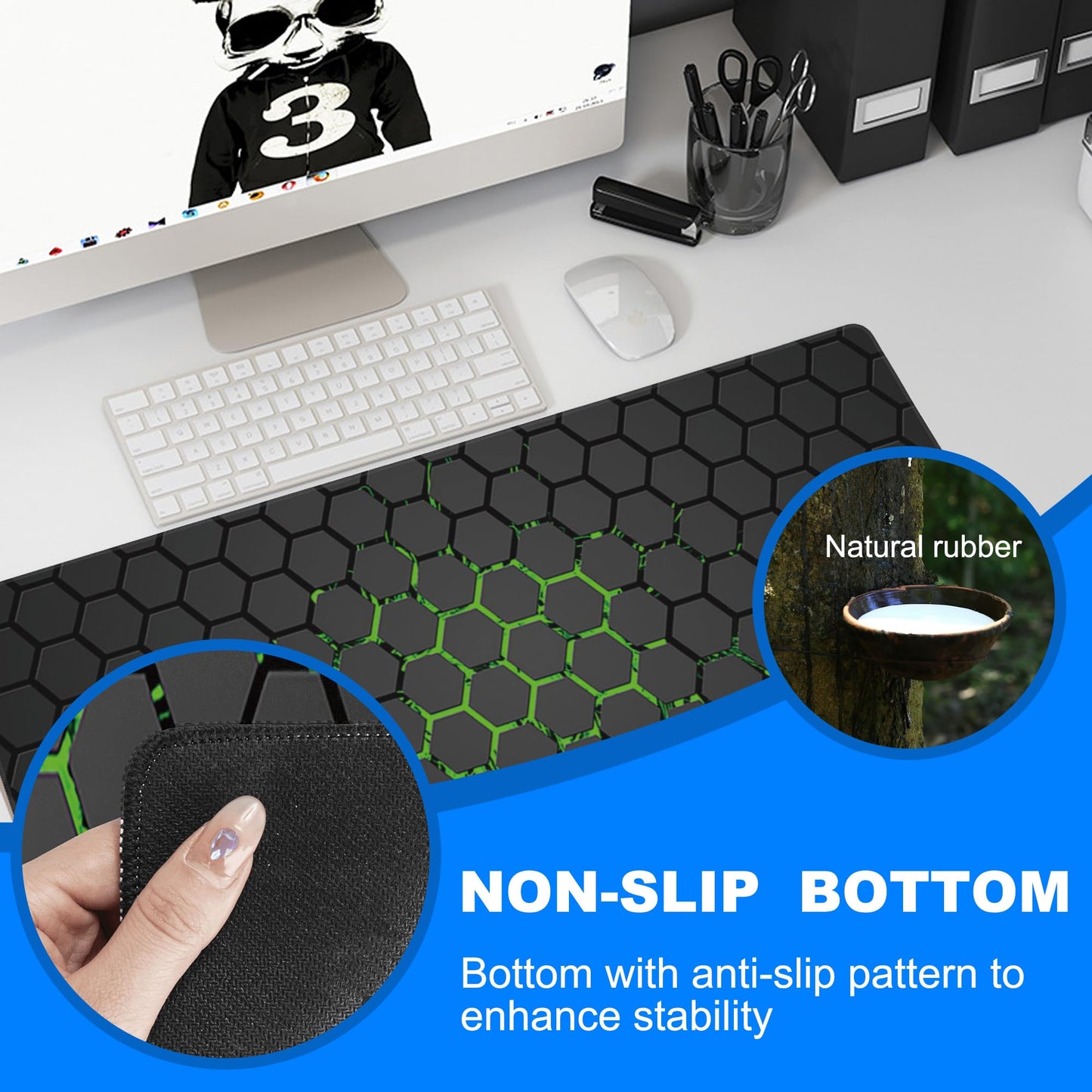 Desk Pad, Green Honeycomb Science Technology Extended Gaming Mouse Pad Large, 35.4"x15.7" Big Mouse Pad with Non-Slip Base and Stitched Edge, Long Computer Keyboard Mouse Mat for Home Office Work