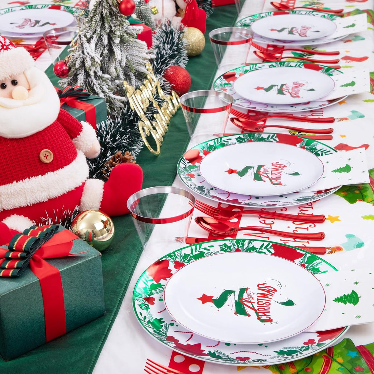 GATHER 176 Pieces Christmas Plastic Plates - Heavy Duty Christmas Disposable Dinnerware Set include 50 Plates, 75 Red Plastic Silverware, 25 Napkins, 25 Cups and 1 Tablecloth for Xmas Party