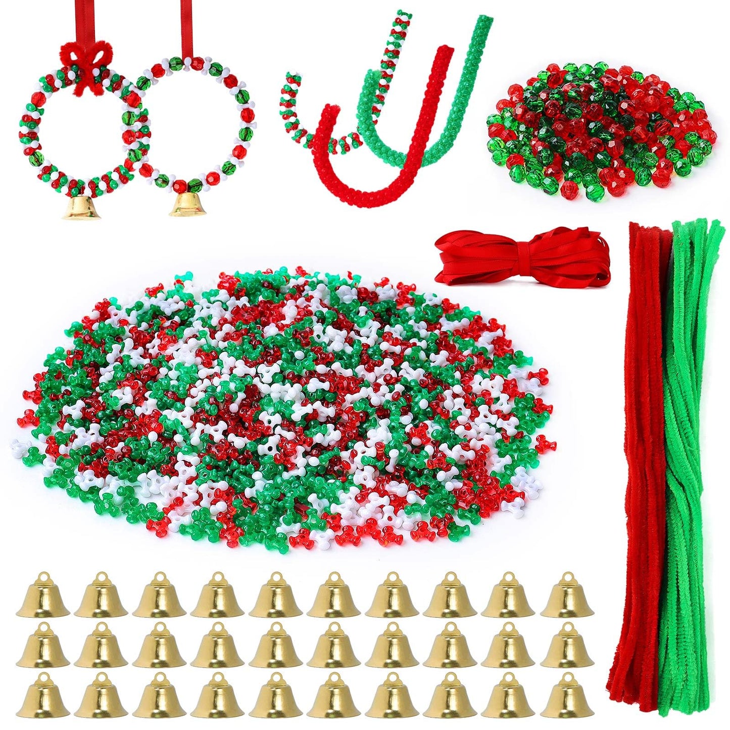 YBB 1780 Pcs Christmas Tri-Shaped Beads Ornament Kit with 30 Golden Bells 50 Chenille Stems and 10m Red Ribbon for Christmas Tree Candy Cane Wreath DIY Hanging Decoration