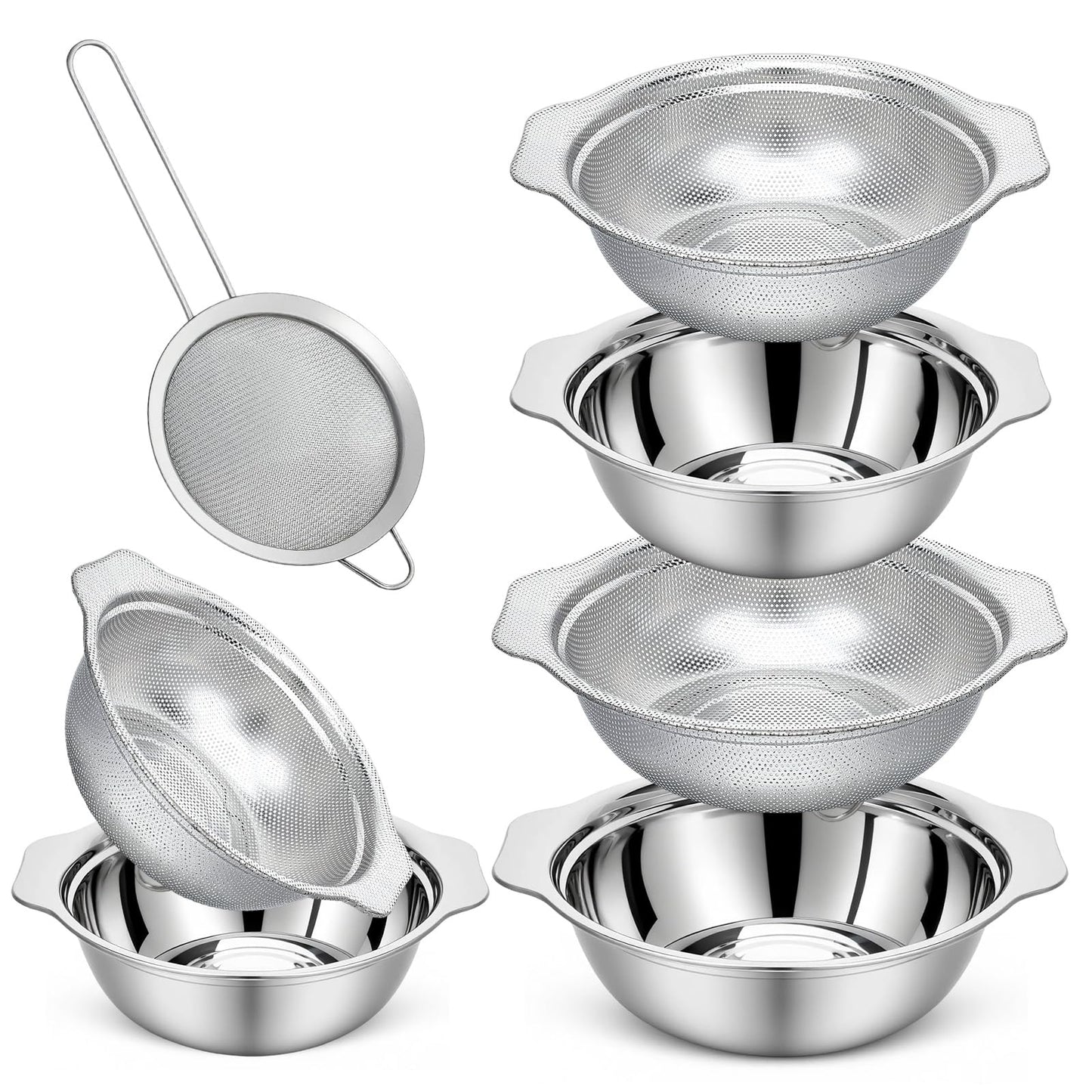 7Pcs Stainless Steel Colander Set, Rice Strainer with Mixing Bowl, 3/4/5QT Large Capacity Microporous Colander with Handle, Mesh Strainer for Washing and Draining Vegetables, Fruit, Dishwasher Safe
