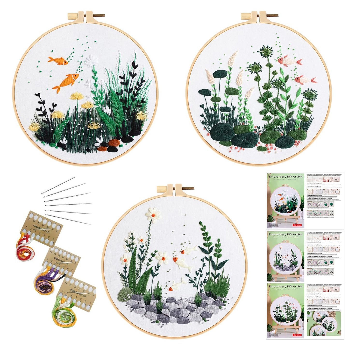 GLTAYLMY Fish Embroidery Kit for Beginners Adults,3 Set Cross Stitch Kits with 1 Plastic Embroidery Hoops,Needles and Color Threads,Needlepoint Kit for Hand Embroidery Starter
