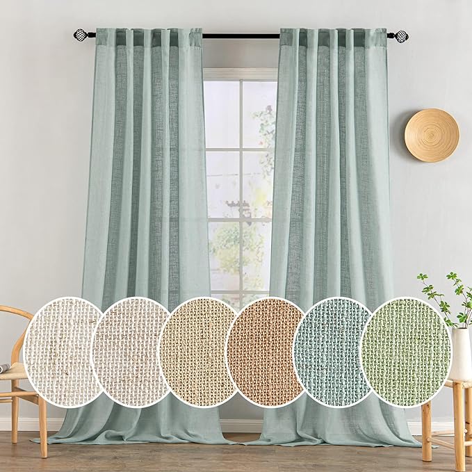 MIULEE Sea Green Linen Curtains 96 Inch Long for Bedroom Living Room, Soft Thick Linen Textured Window Drapes Semi Sheer Light Filtering Back Tab Rod Pocket Burlap Look Aqua Decor, 2 Panels