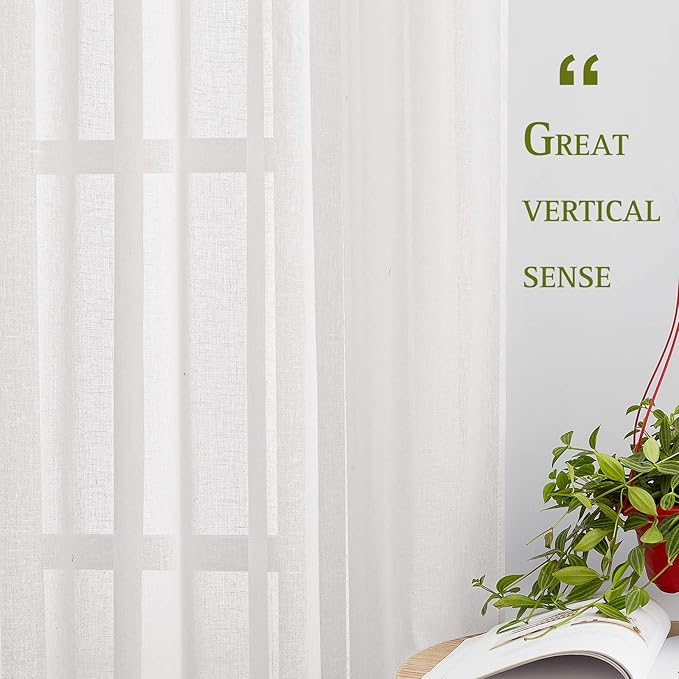 NICETOWN White Linen Sheer Curtains 63 inch Length, Vintage Grommet Linen Textured Semitransparent Privacy Window Treatment Light Filtering for Living Room, 52" W x 63" L, Set of 2