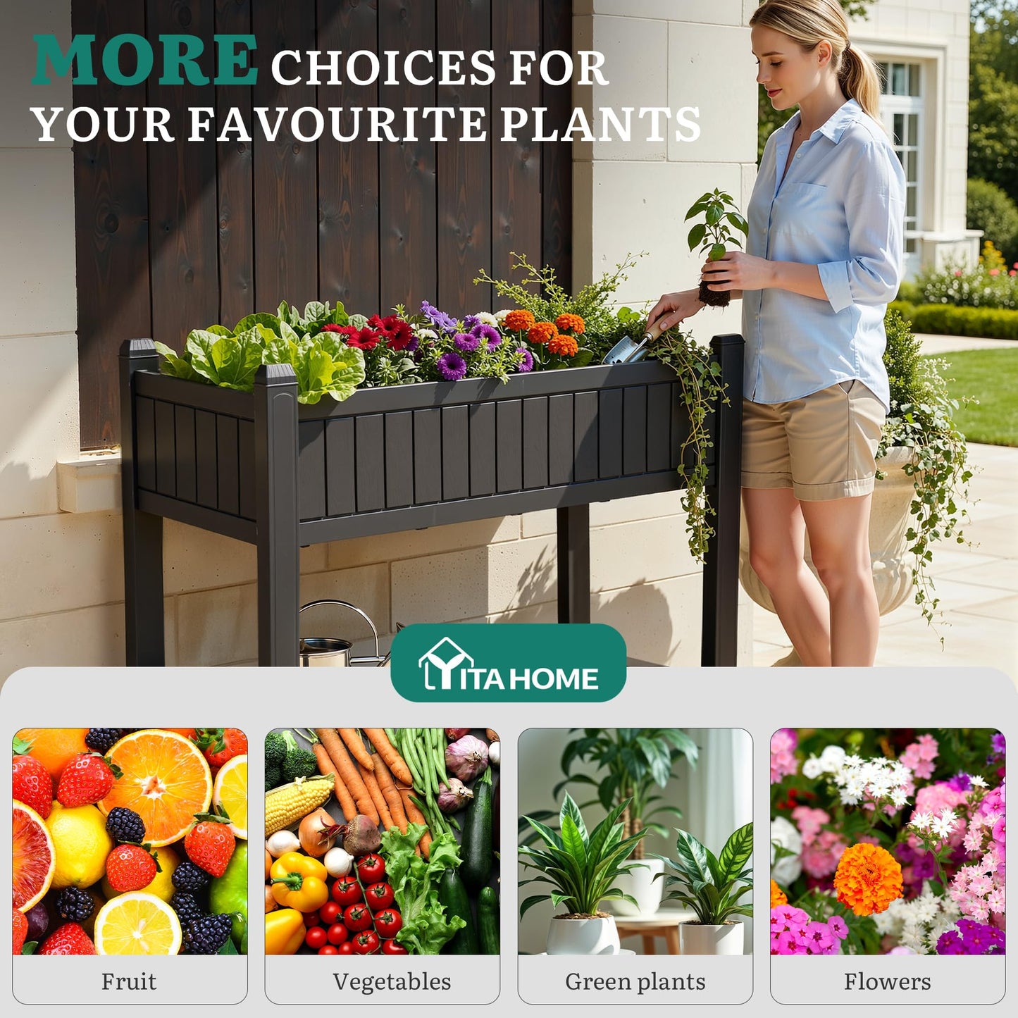 YITAHOME 42.5x17.3x35.4 in Raised Garden Bed, Outdoor Plastic Planter Box with Wheels, Legs, Drain Plug, and Storage Shelf for Plants, Vegetables, Flowers, Herbs, Black