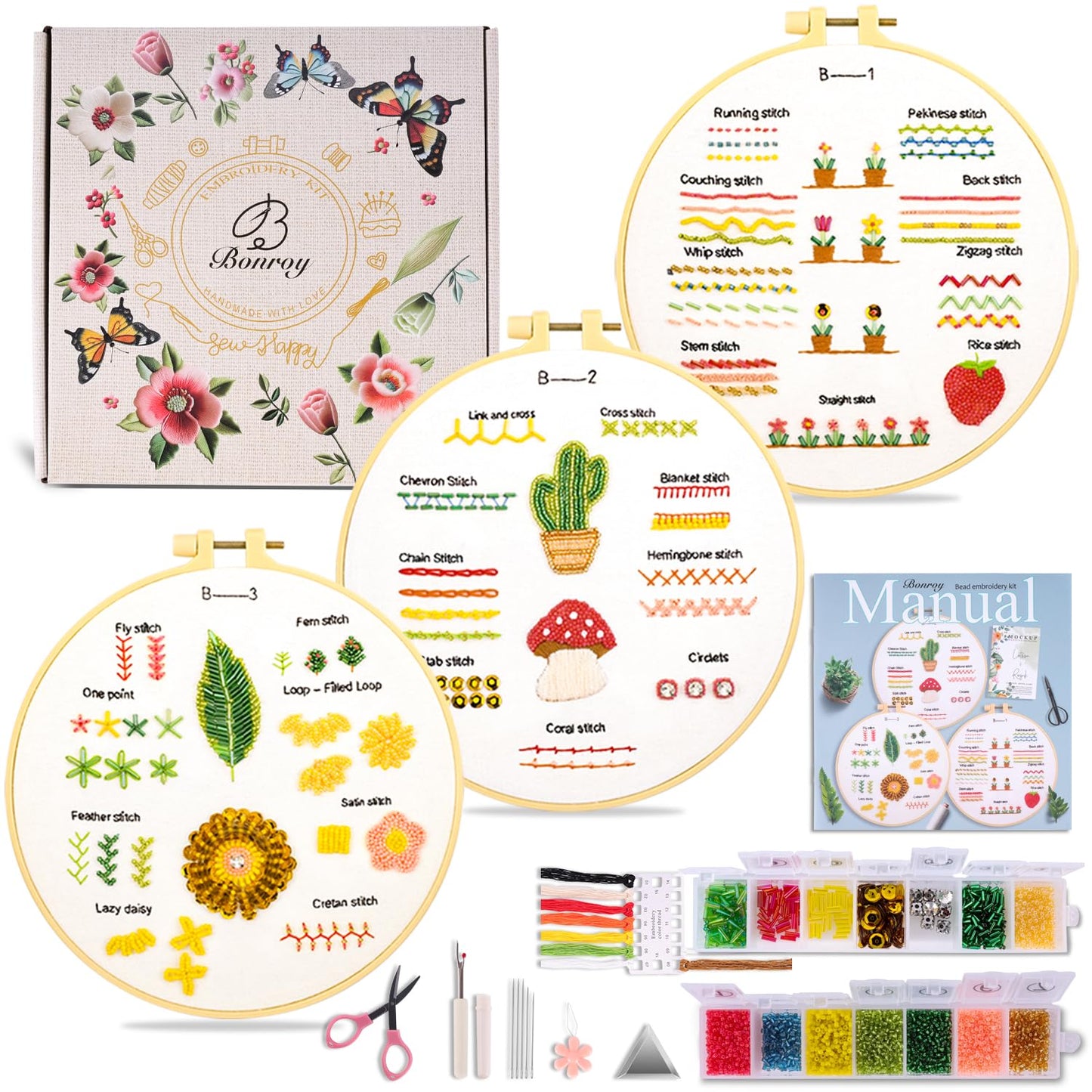 Bonroy Beginners Embroidery Kit for Adult Beginners, Beaded Embroidery Kit, Beginner Bead Embroidery Practice (BY-BD-S)