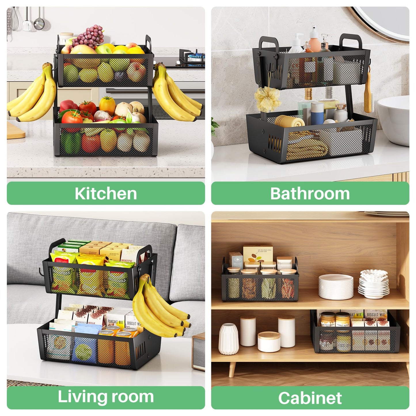 SAYZH Fruit Basket Bowls For Kitchen Counter with Banana Hangers - Detachable Metal Mesh Basket Fruit Stand with Handle - Kitchen Vegetables Bread Snacks Storage Organization, 2 Tier Black
