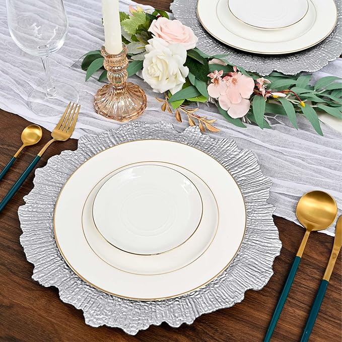 Pesonlook 50Pcs Silver Charger Plates Round 13inch, Reef Plate Chargers for Dinner, Bulk Plastic Floral Table Charger Plates for Dinner Wedding Party Event Table Setting Decoration(Silver)