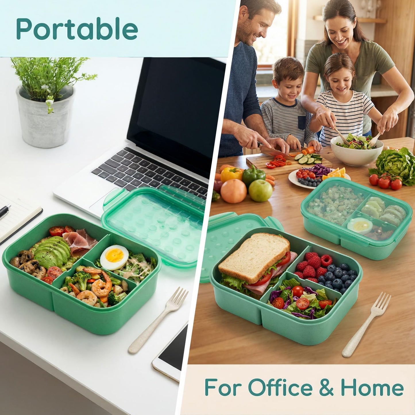 MISS BIG® Bento Box for Adults – Reusable Wheat Material Lunch Box with Compartments, Leak Proof Food Container for Meal Prep, Work & Home – Microwave & Dishwasher Safe Adult Lunch box(1900ml Green)