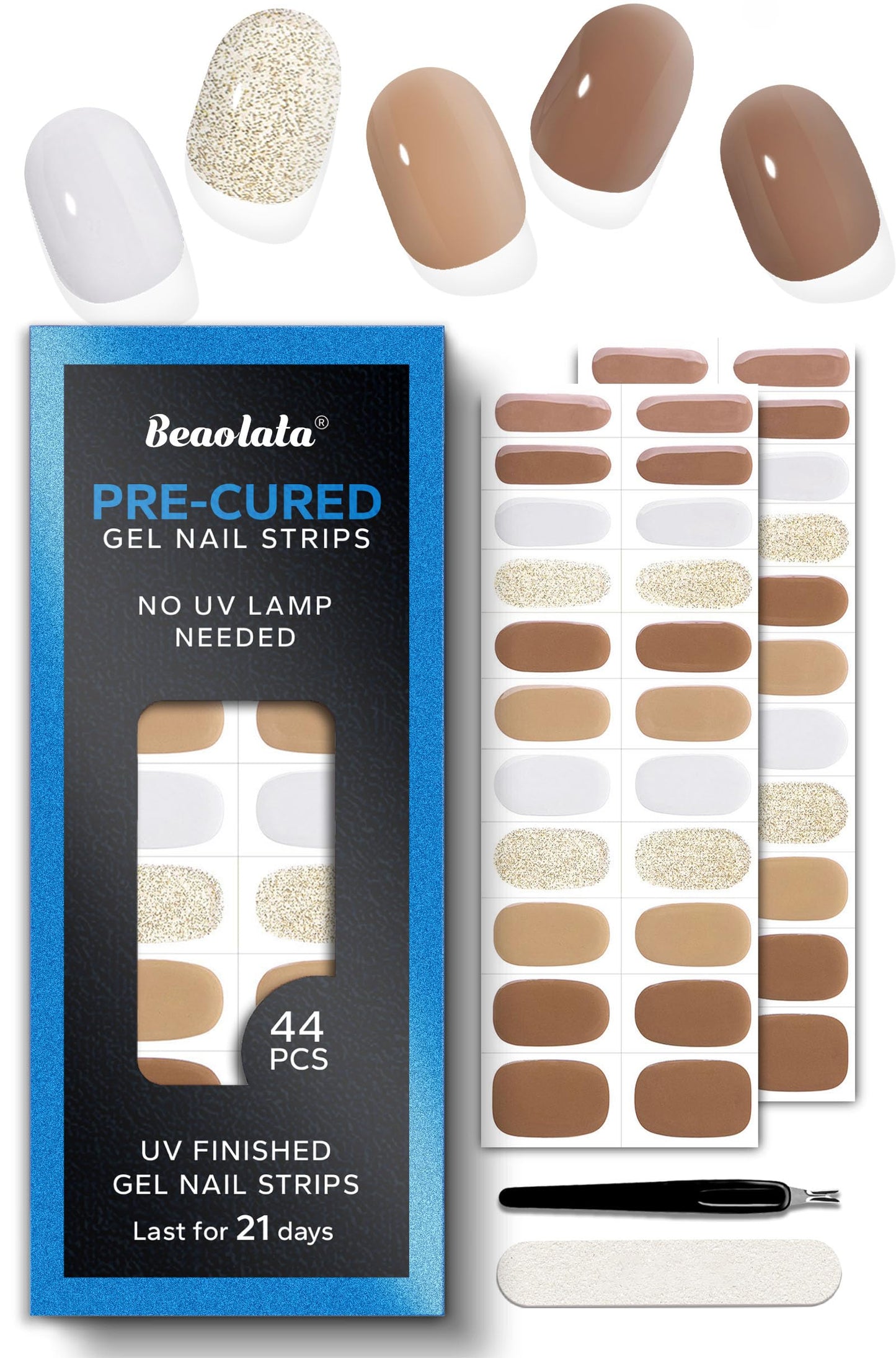 Beaolata Real Gel Nail Strips (No UV Light Needed) - 44Pcs Salon Quality Nail Stickers - Long Lasting Polish Wraps for Women, Easy Apply & Remove (Cinnamon Brown