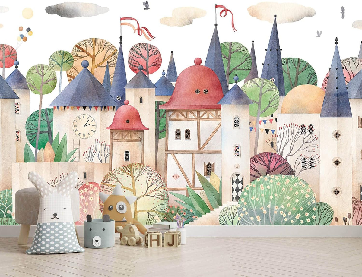 AFZEVEB-Cartoon Watercolor House Nursery Wallpaper Wall murals for Kids Room 114"x74" (Not Peel and Stick)