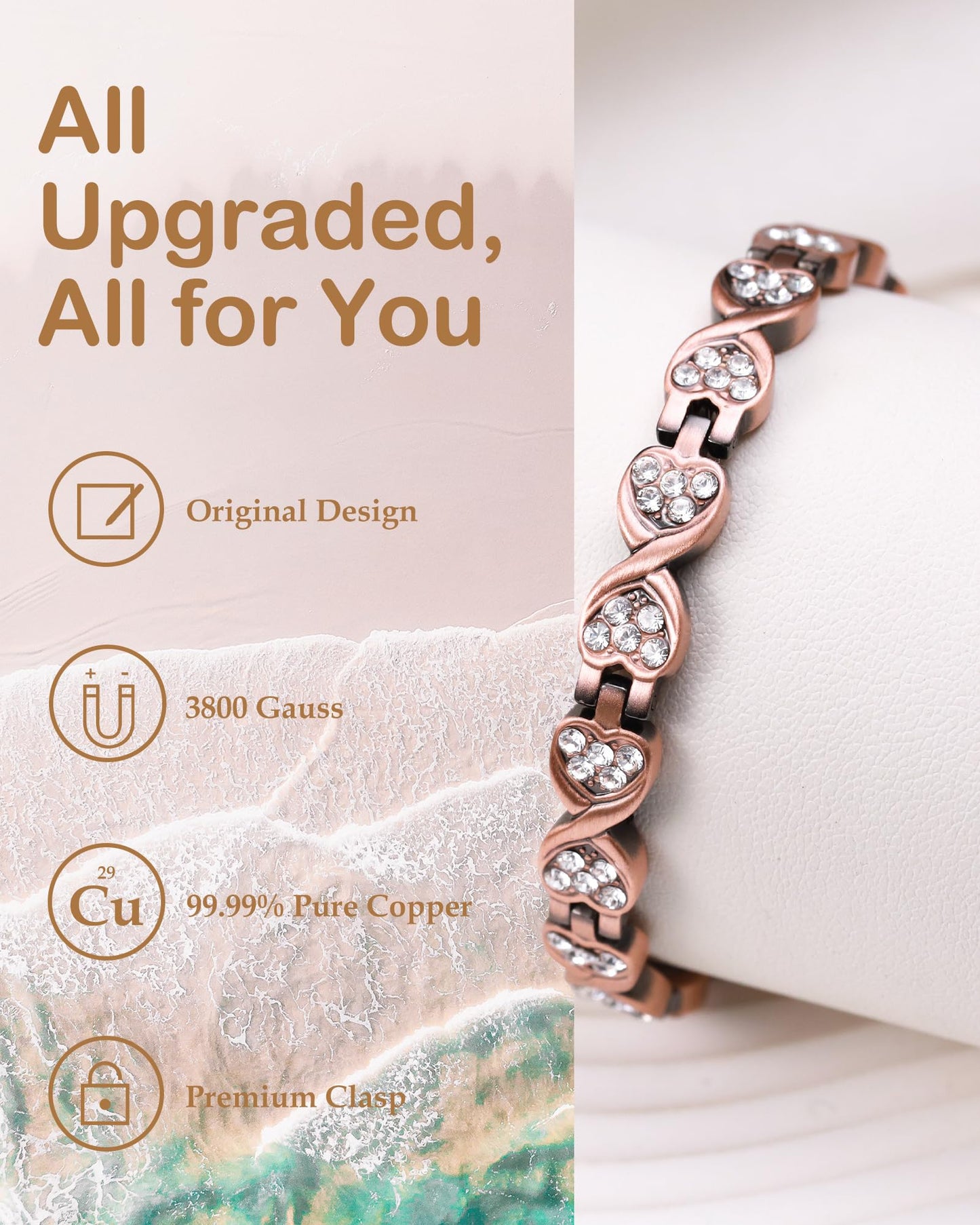 Feraco Copper Bracelet for Women Hand Forged 99.99% Solid Pure Copper Magnetic Bracelets with Pro Neodymium Magnets (Infinite Symbol Zirconia)