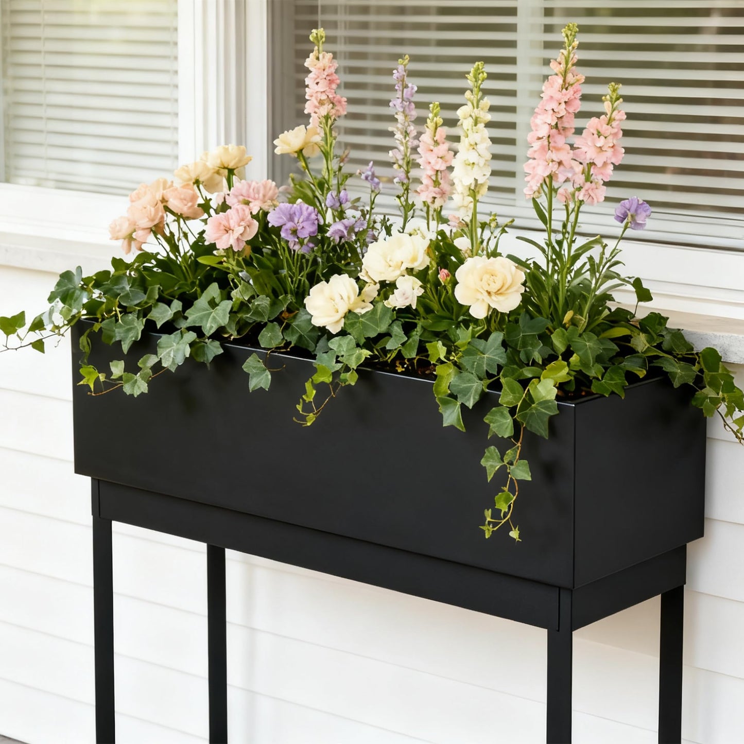 WORTH Raised Metal Planter Box with Legs, 28" Elevated Garden Bed for Indoor & Outdoor Use – Matte Black Galvanized Steel Planter with Inner Shelf, Drainage Hole & Plug for Vegetables, Flowers & Herbs