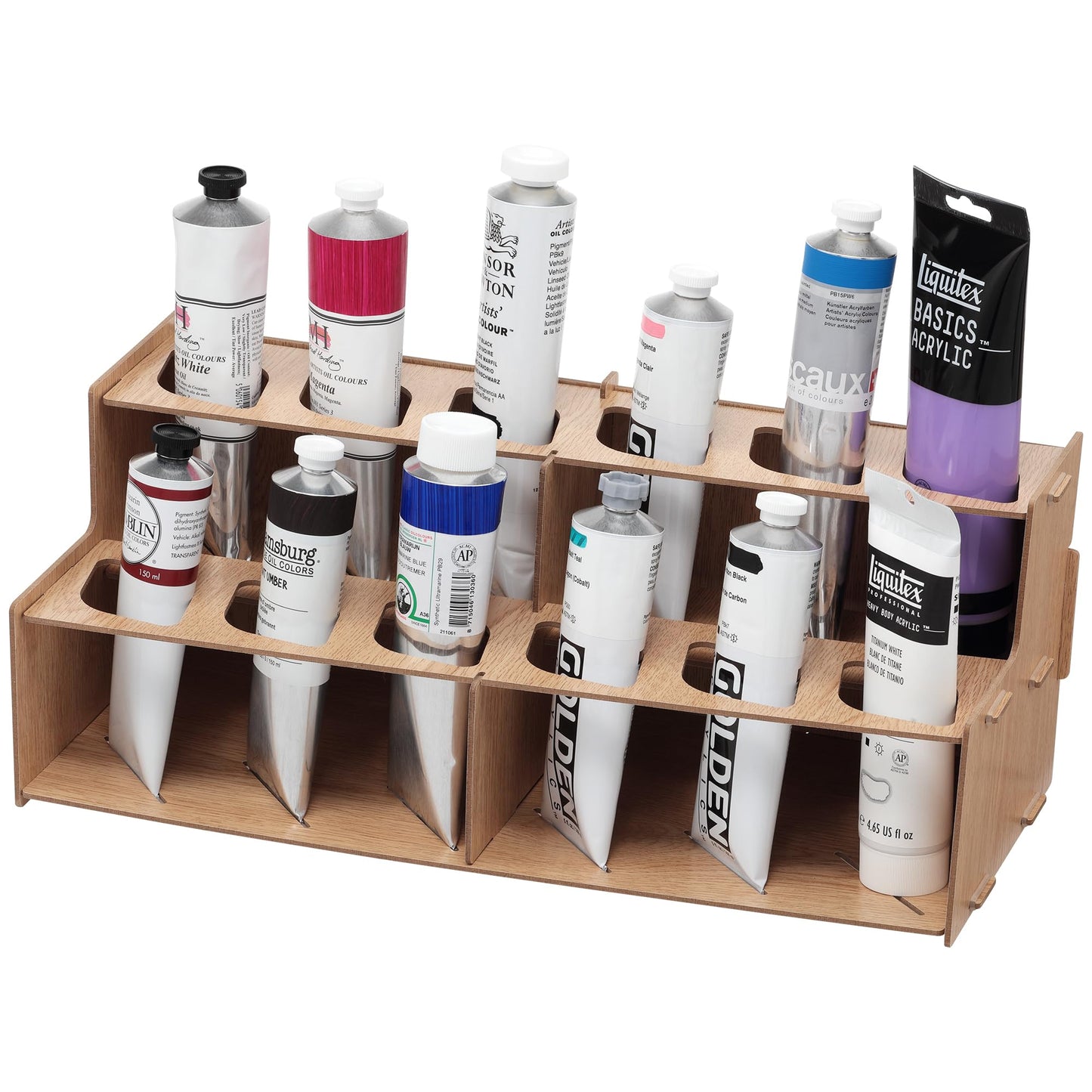 Mezzo Artist Paint and Brush Rack - Wood Grain Laminate Multi Layer Desk Stand Professional Storage Display Organizer for paintbrushes and Paint Tubes - Large Paint Tube Rack
