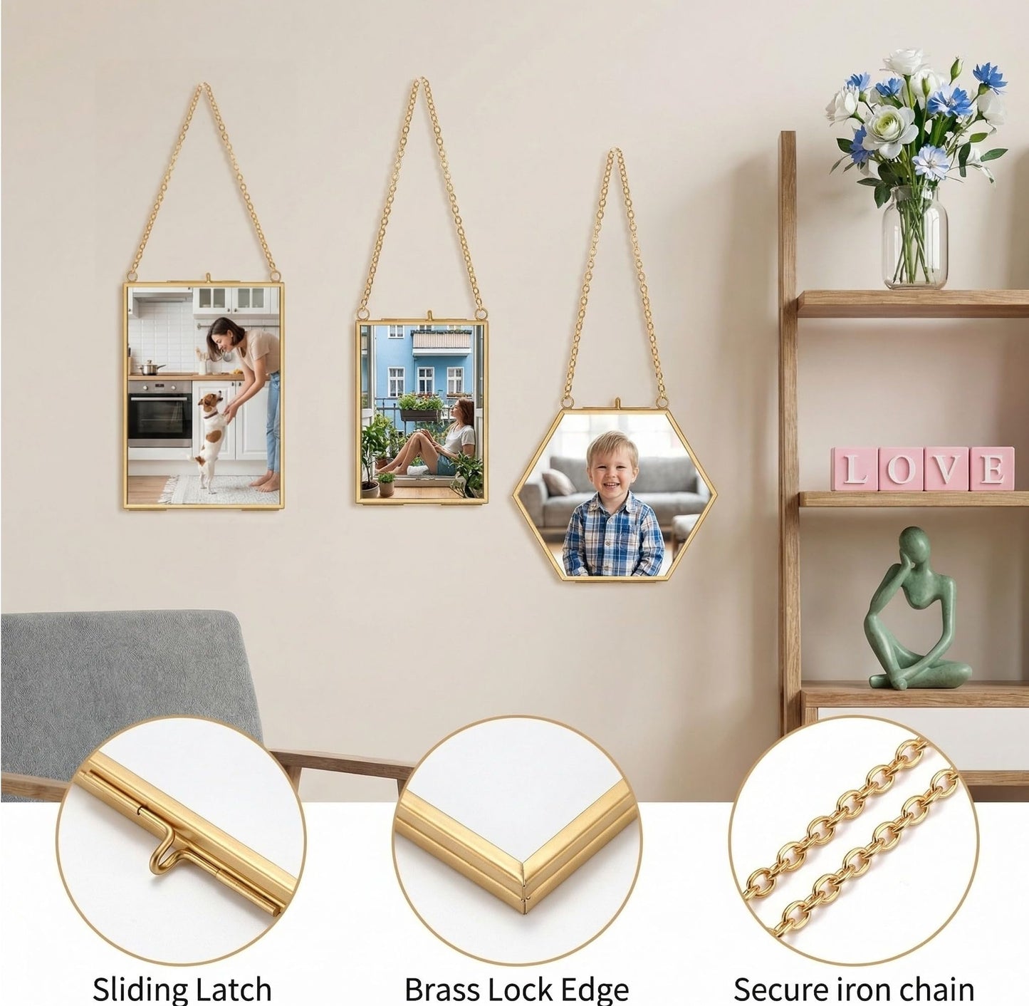 AVLA 3 Pack Pressed Flowers Glass Frames, Brass Hanging Picture Frames with Chain, Small Golden Floating Photo Frame, Clear DIY Artwork Display Frame for Wall Decor, Dried Plant Specimen
