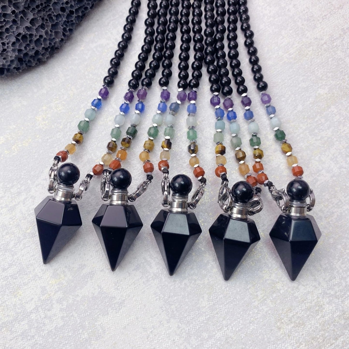 EDEN'S CALL Black Obsidian Crystal Point Perfume Bottle Pendant Necklace, 7 Chakra Crystal Bead Aromatherapy Diffuser Pendant Jewelry Gifts for Women