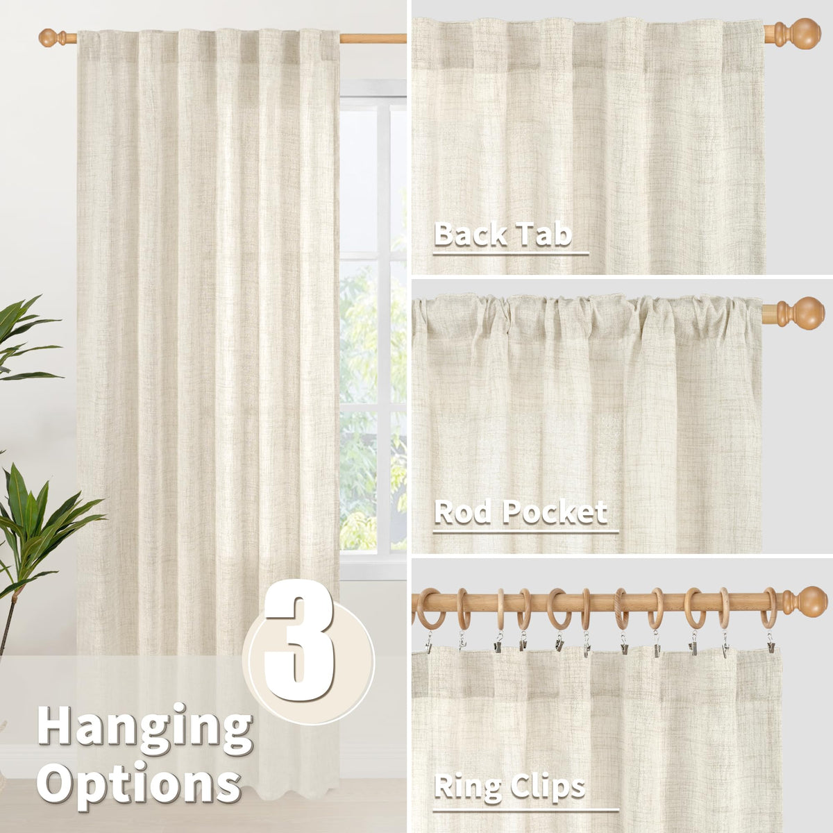 Extra Long Linen Curtains 108 Inch Length for Living Room (2 Count)