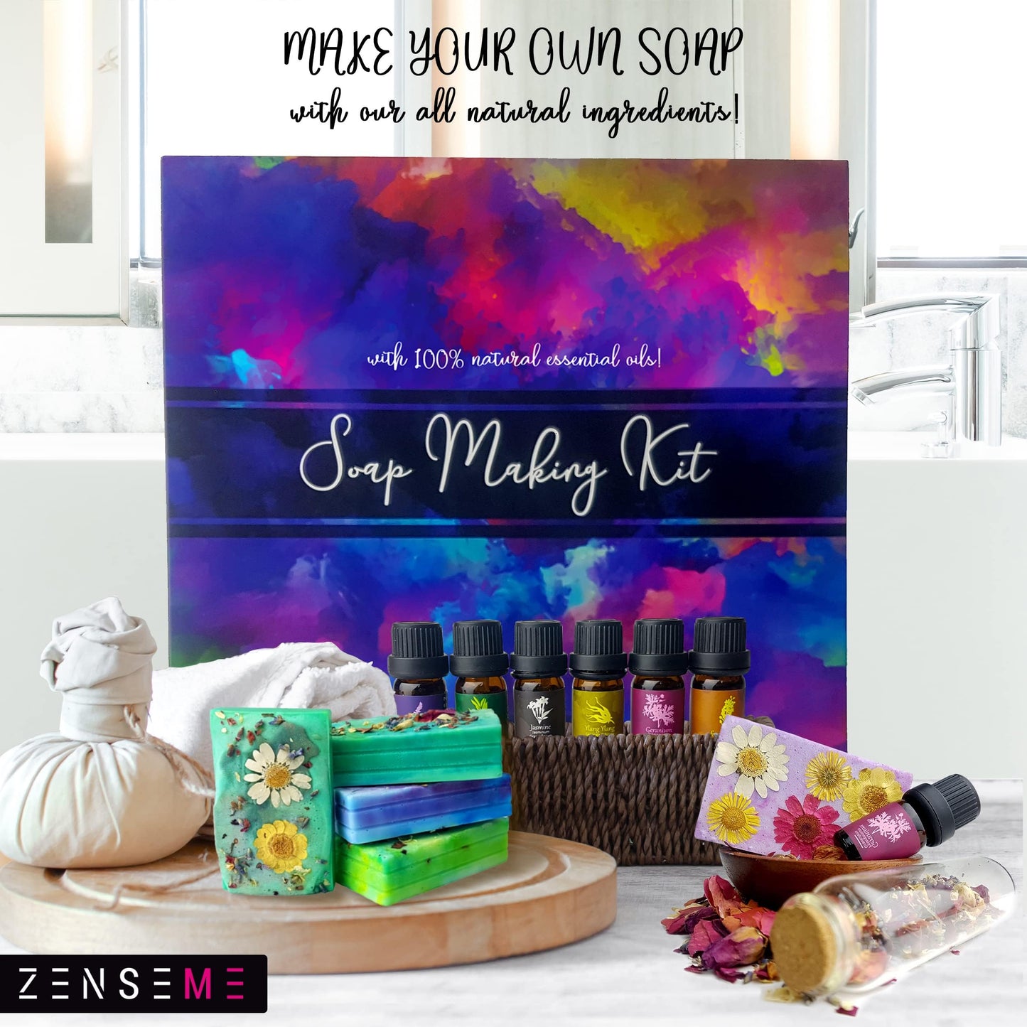 Soap Making Kit for Adults, Make Your Own Soap with Melt & Pour diy gentle soap supplies; 6 Essential Oils, Silicone Soap Mold, Spoon, Dried Flowers, 1.5lbs. Goats Milk Soap Base, 4 Colors, 9 Labels