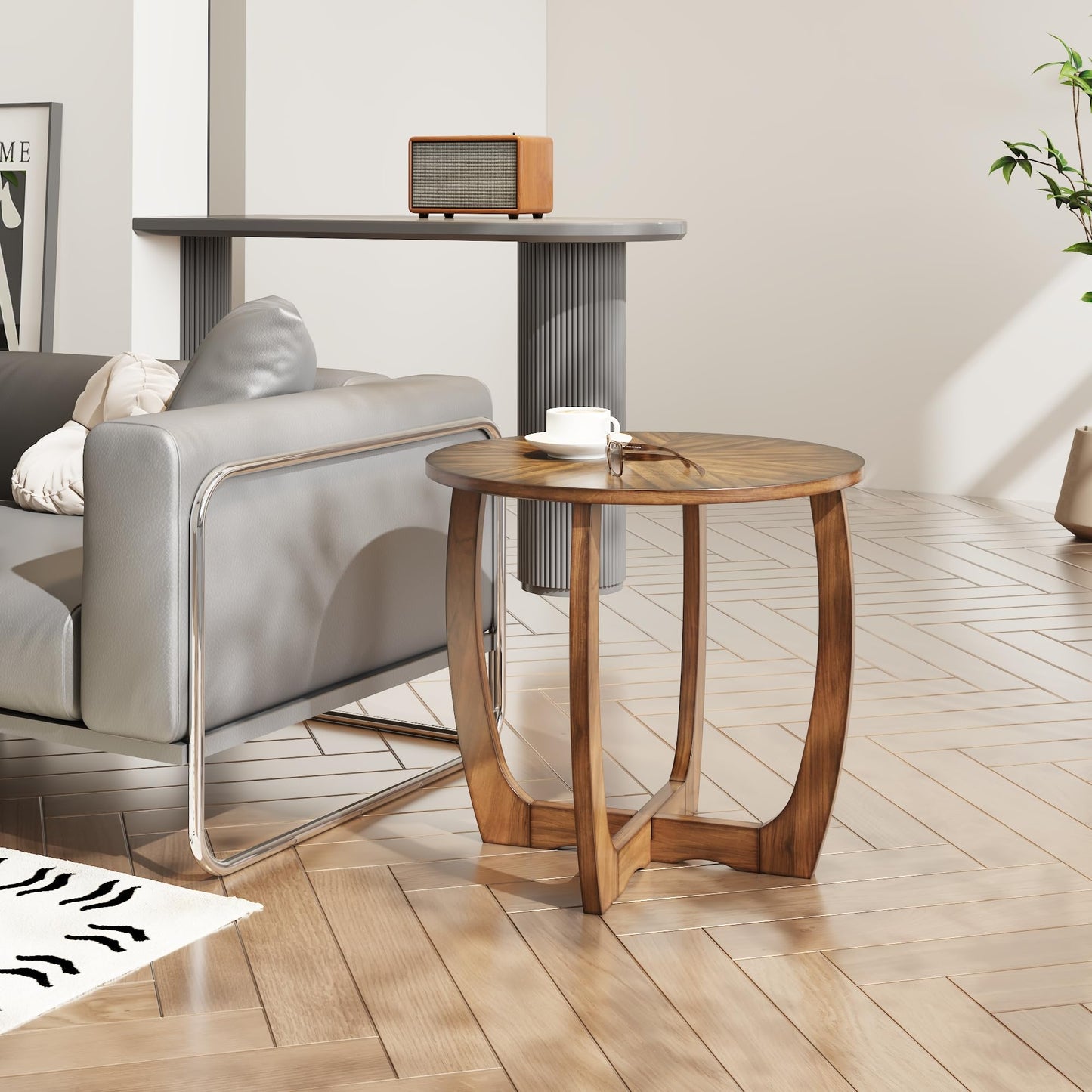 LEEMTORIG Mid Century Modern Round End Side Table Living Room, Walnut End Table Solid Wood Side Table, 23.6" Dia. Large Drum End Table Circle Nightstand Bedroom, Easy Assembly, Brown Walnut CJZ-3223
