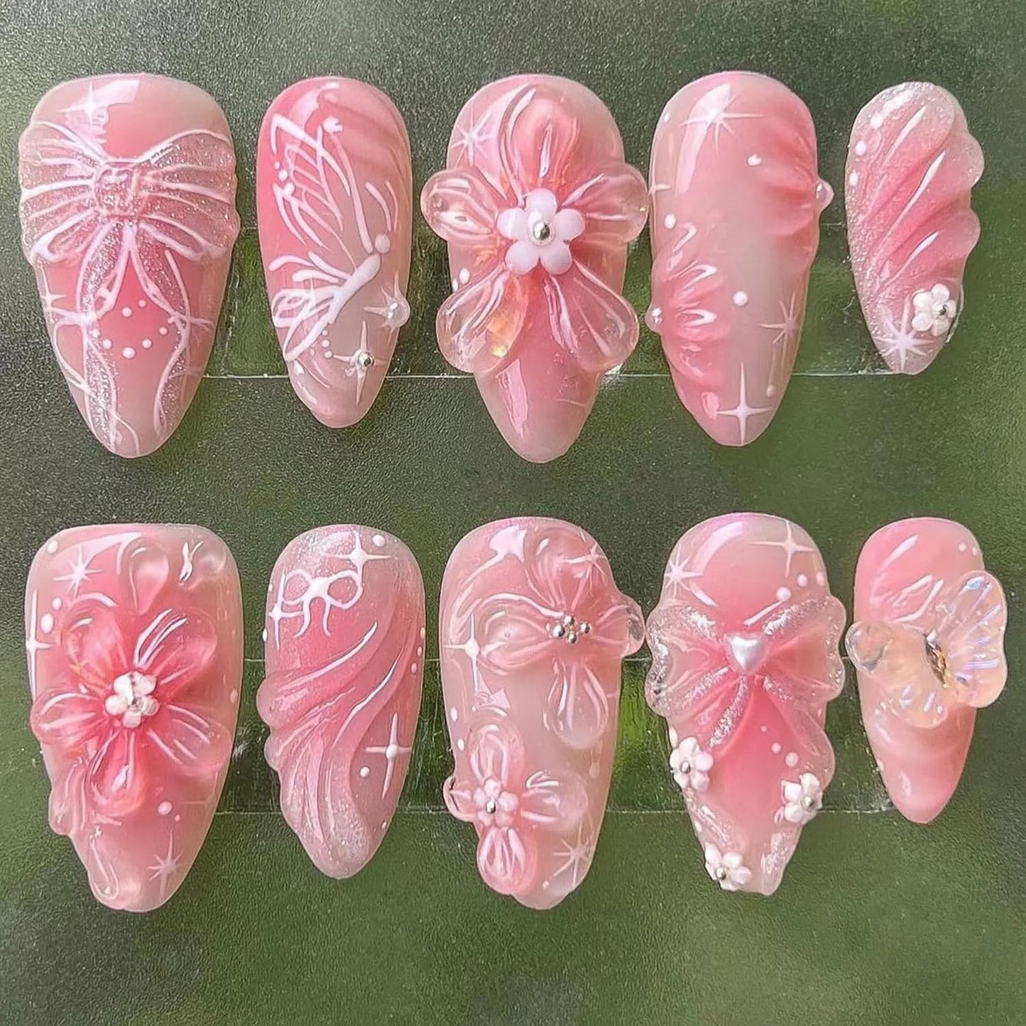 24Pcs Pink Press on Nails Medium Almond Fake Nails with 3D Flower Butterfly Designs Stick on Nails Bow False Nails Spring Summer Floral Acrylic Nails Gold Bead Glue on Nails for Women Nail Supplies