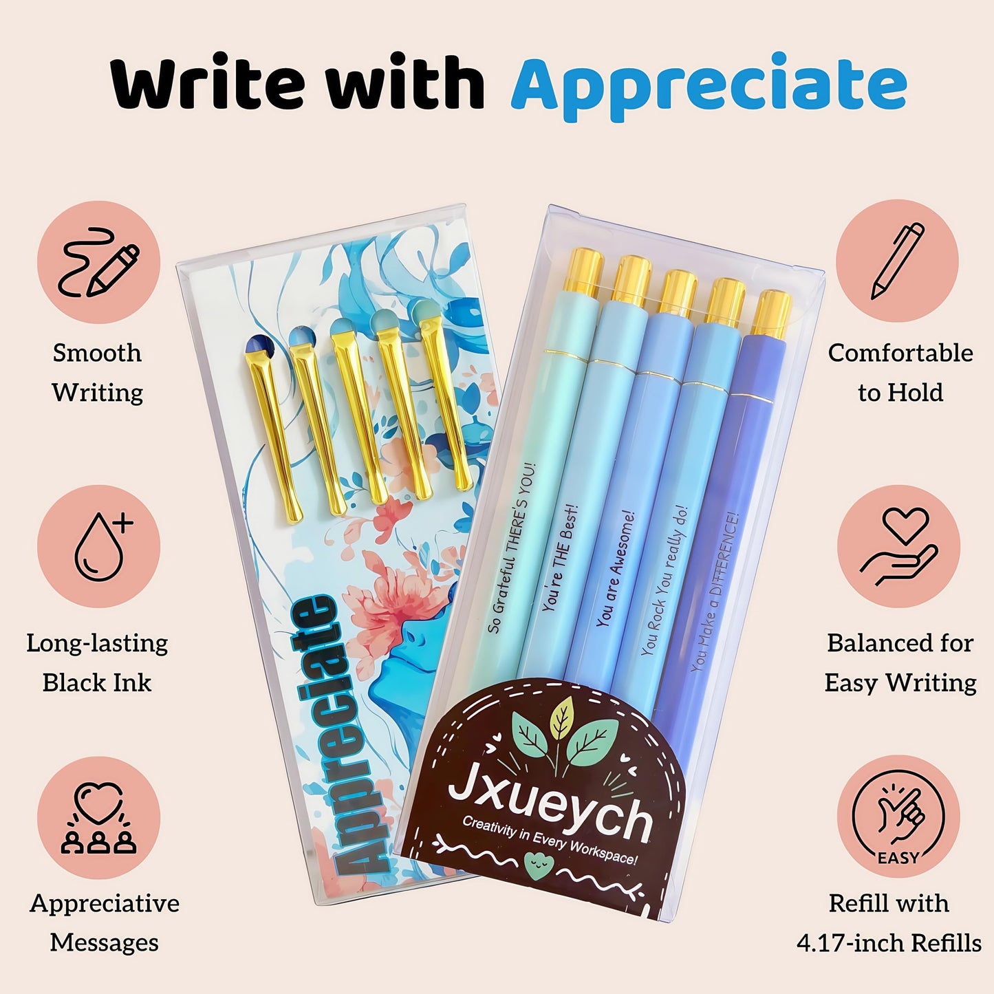 Jxueych 5 Pieces Inspirational Pen Set for Women - Teacher/Nurse Appreciation Gifts, Motivational Pens with Positive Affirmations, Gift-Ready PVC Packaging & Office Decor