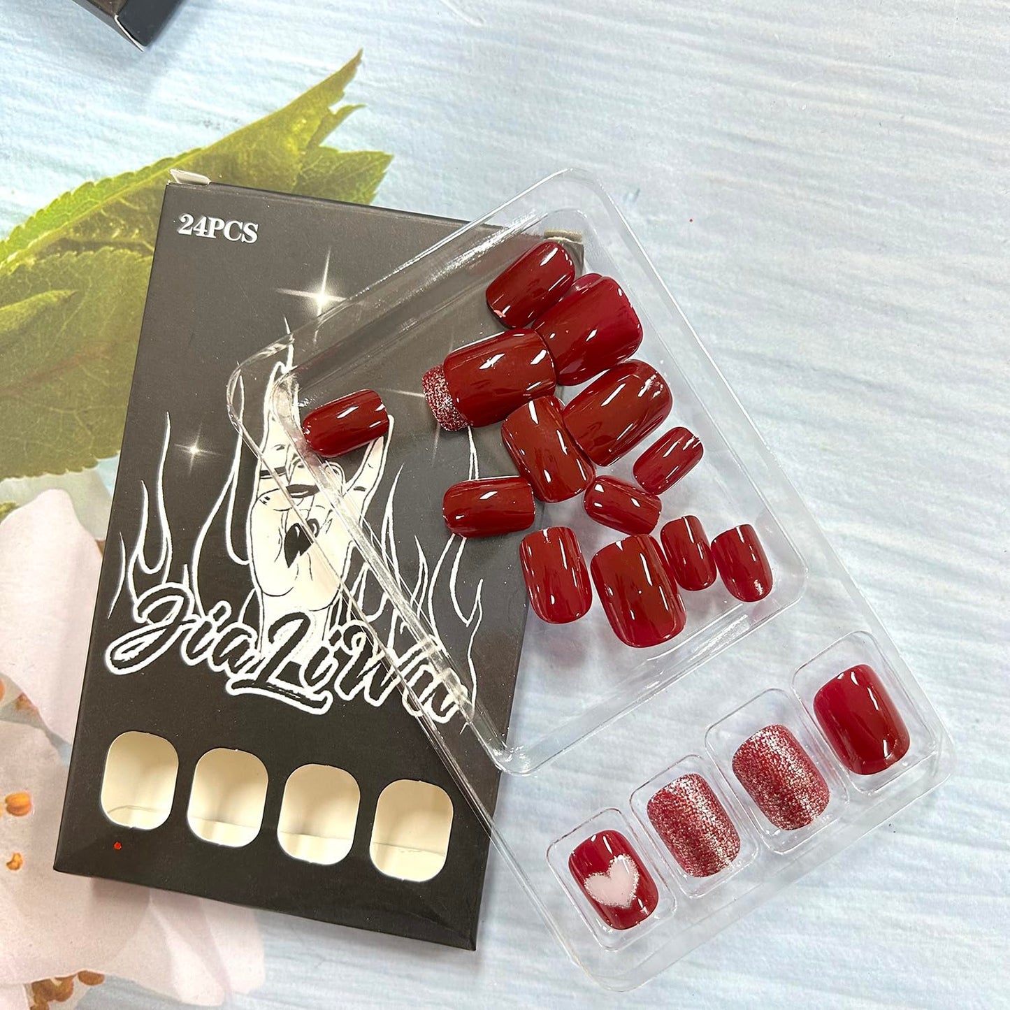 Wine Red Love Heart Valentine's Fake Nails Glitter Powder Design Full Cover Coffin Nails Glossy Press on Nails Short Square Artificial Nails Valentines Charm Stick on Nails for Women 24Pcs
