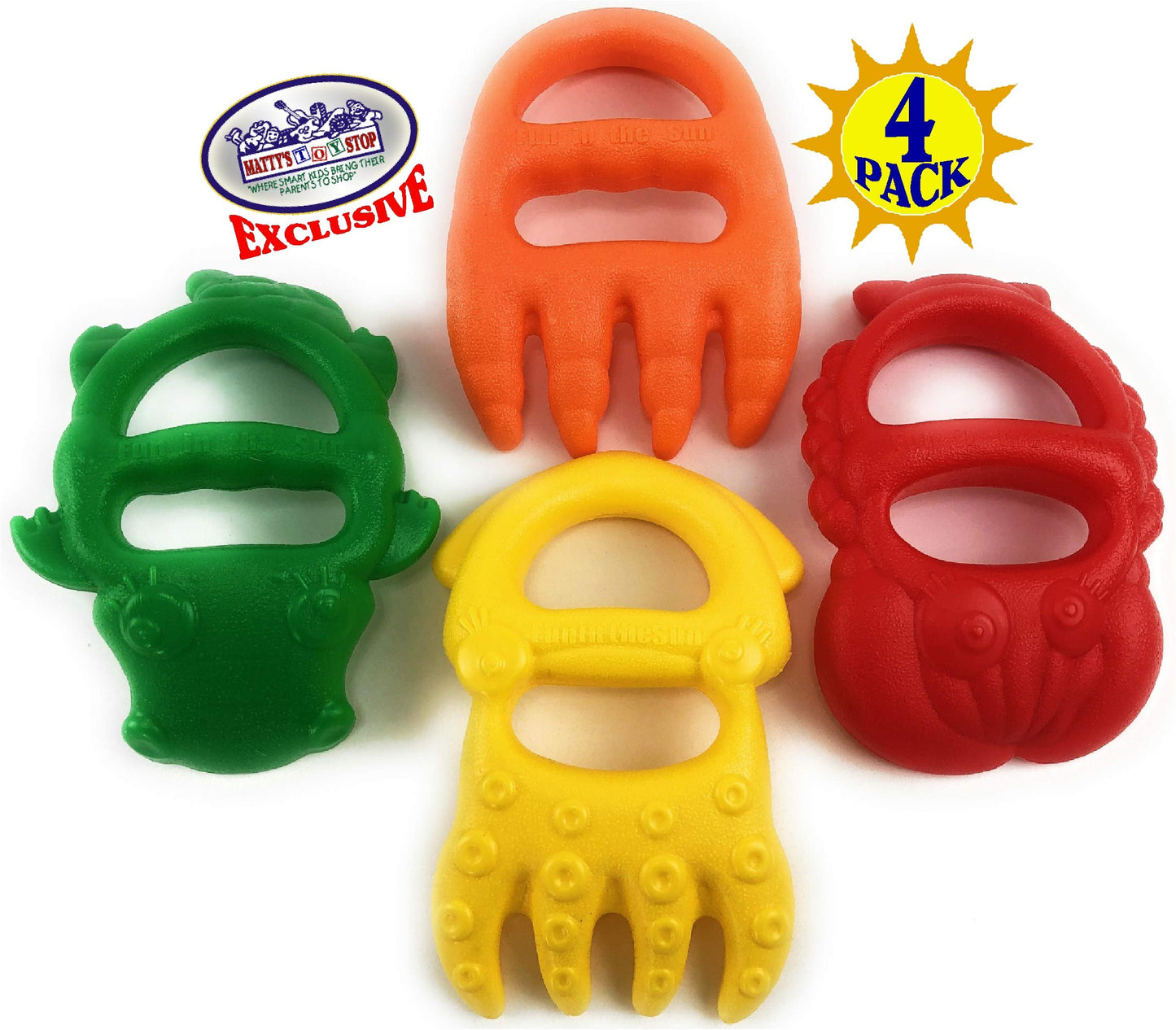 Matty's Toy Stop 7" Plastic Sand Digger Scoop Claws for Sand & Beach (Red, Yellow, Orange & Green) Complete Gift Set Bundle - 4 Pack