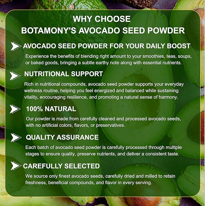 BOTAMONY Organic Avocado Seed Powder 7 oz, Pure Dehydrated Avocado Seeds, Caffeine-Free Superfood for Smoothies, Teas, Cooking & Baking, Non-GMO, Vegan, No Additives