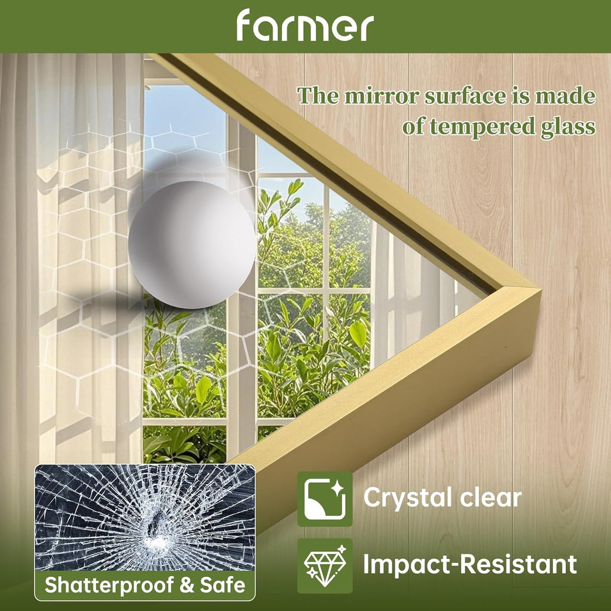 FARMER 20x30 Inch Gold Bathroom Mirror, Rectangle Wall Mounted Mirror, Vanity Mirror, Brushed Square Mirror, Framed Bathroom Mirror for Bedrooms, Entryways, Living Rooms, Horizontal/Vertical