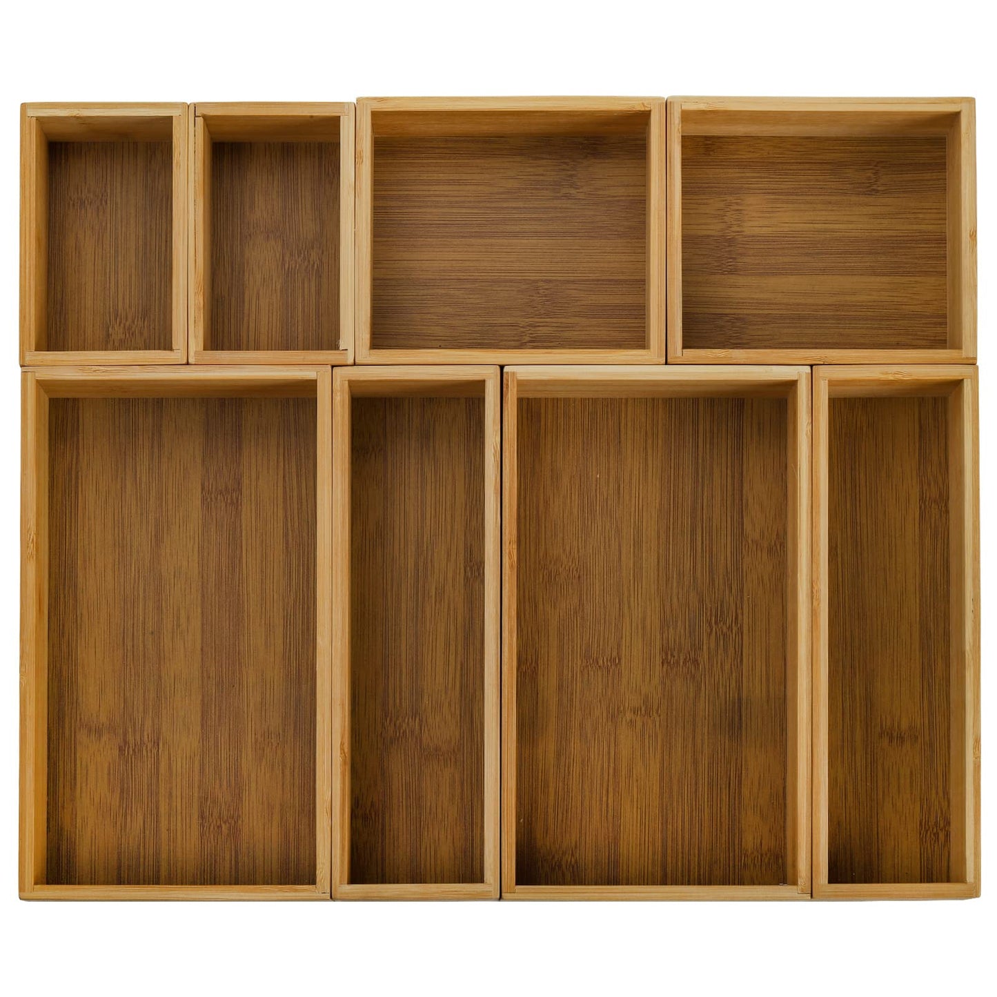 Lawei 8 Pieces Bamboo Drawer Organizer Boxes, Stackable Drawer Organizer Storage Tray 4-Size, Versatile Dividers Cutlery Holders Bins Containers for Kitchen, Bathroom, Office Desk, Makeup, Jewelry