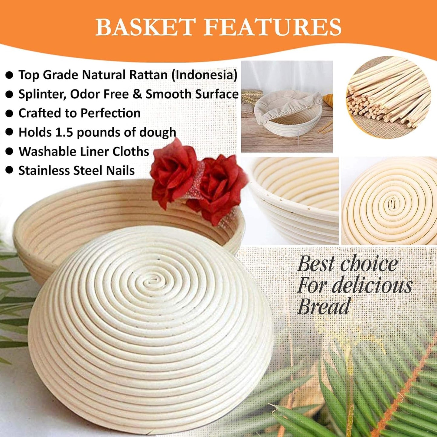 Banneton Bread Proofing Basket Set - 9 Inch round sourdough proofing basket with Silicone Bread Sling, Dough Scrapers, Bread lame, Dough Whisk and a Cleaning Brush