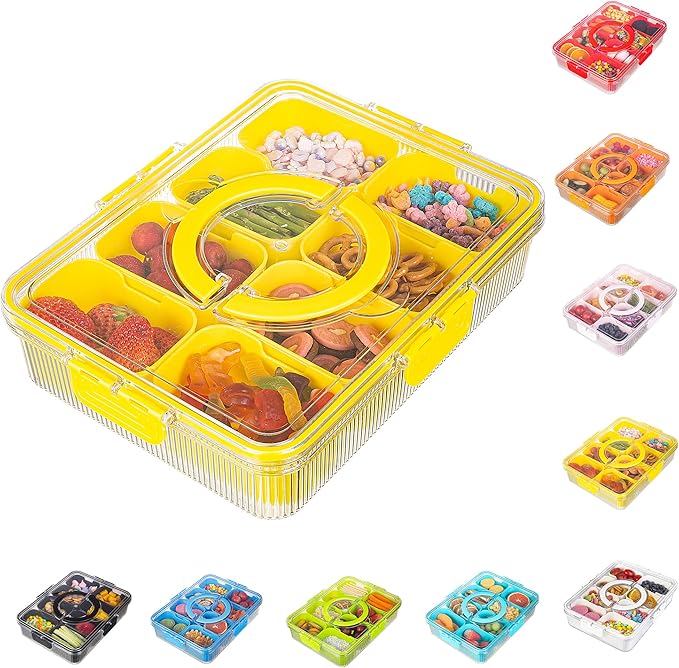 Patent Divided Serving Tray with Lid & Handle - Snackle Box Organizer for Charcuterie, Veggies, Fruits, Candy - Portable Food Storage for Travel, Beach, Picnics（1 pcs, Yellow）