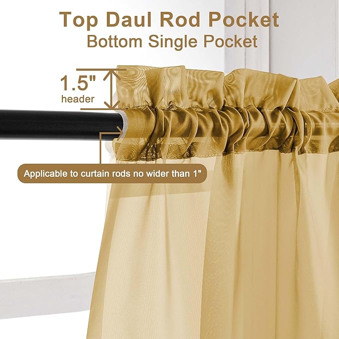 Chyhomenyc Sheer Valances for Windows 2 Pack, Small Window Curtains for Living Room Bathroom Cafe Laundry Basement, Modern Top Dual Rod Pocket Voile Curtain, 42W x 18L inches, Gold