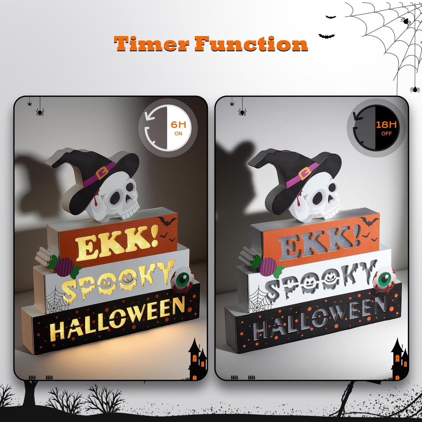 BlcTec Halloween Decorations Indoor 9.4" 4-Tier Wooden Block Set with Glowing 3D Letters, Skull Topper, Battery Operated Spooky Halloween Décor Built-in Timer for Home, Mantle, Shelf, Table Decor