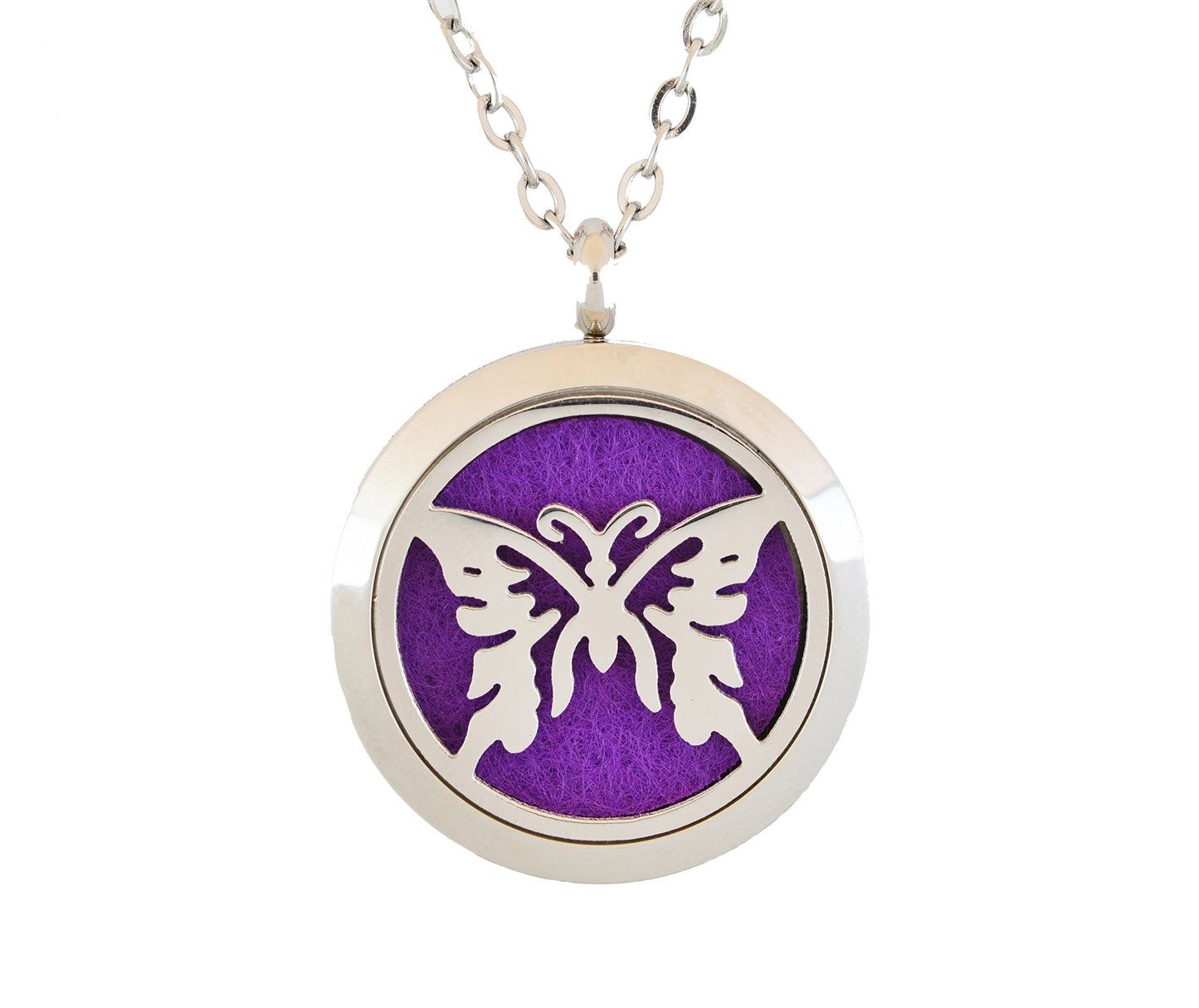 Aromatherapy Essential Oil Diffuser Stainless Steel 30MM Silver Magnetic Locket Pendant with Chain Necklace and Colored Refill Pads & Diffuser Bracelet All in a Velvet Bag (butterfly2)