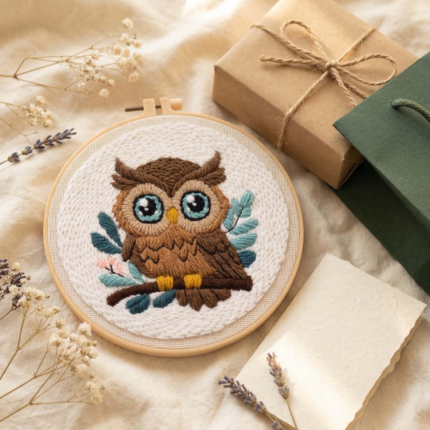 Harimau Punch Needle Kit Owl Pattern,1Pc Embroidery Hoop, Essential Punch Needle Supplies,Ideal Punch Art for Beginners,DIY Adults Embroidery, Video Teaching