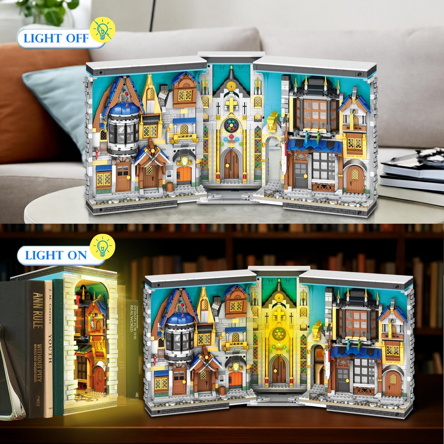 Reobrix Medieval Architecture Book Nook Building Set with Lights, European Century Street View Bookshelf Insert Decor, Bookshelf Diorama Building Blocks Kit, DIY Miniature House Model Kit
