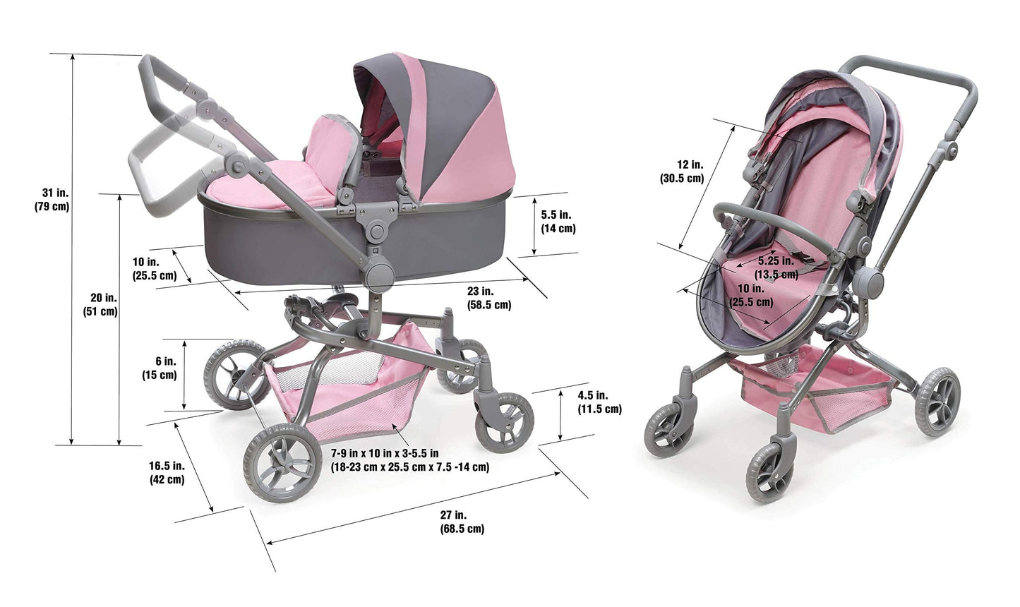 Badger Basket Foldable Doll Stroller & Pram for Dolls - Convertible Toy with Canopy, Basket & Soft Handle - Lightweight, Easy to Use for Girls Ages 3+- Gray/Pink