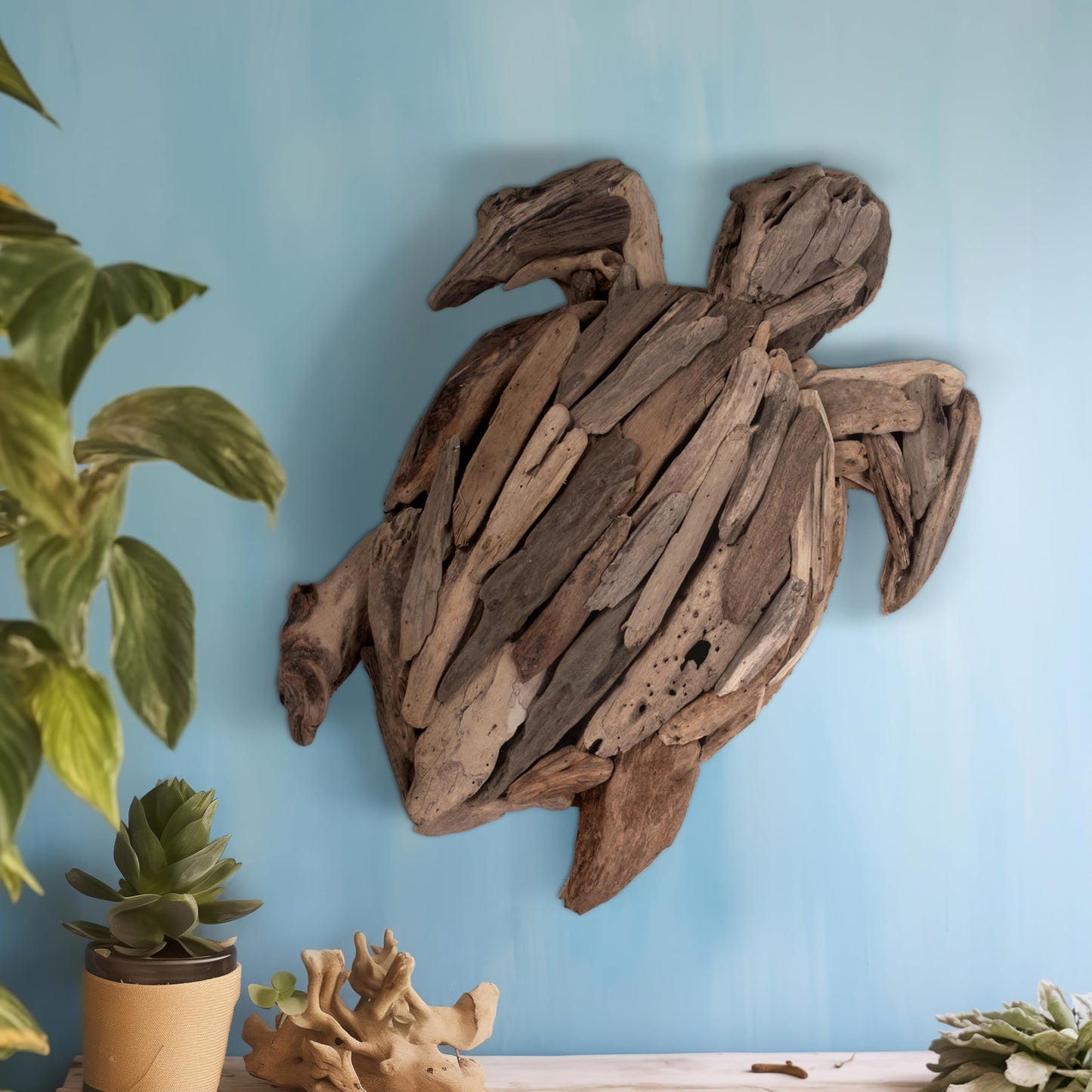 Wooden Driftwood Turtle Sculpture – Relaxed Coastal Room Decor Accent, Living Room or Patio Wall Display, Organic Texture and Artful Home Decor Silhouette – 16"x 22"x 3", Brown