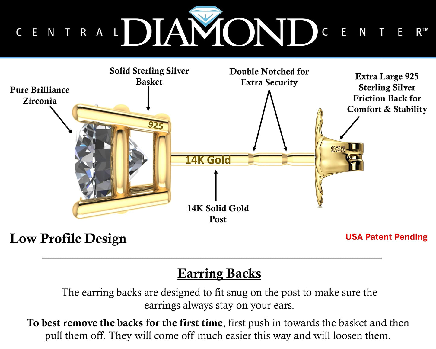 Central Diamond Center 14K Solid Gold Post & Sterling Silver Made with Swarovski 4 Prong CZ Stud Earrings - Yellow Gold Plated - 6.50mm - 2.00cttw