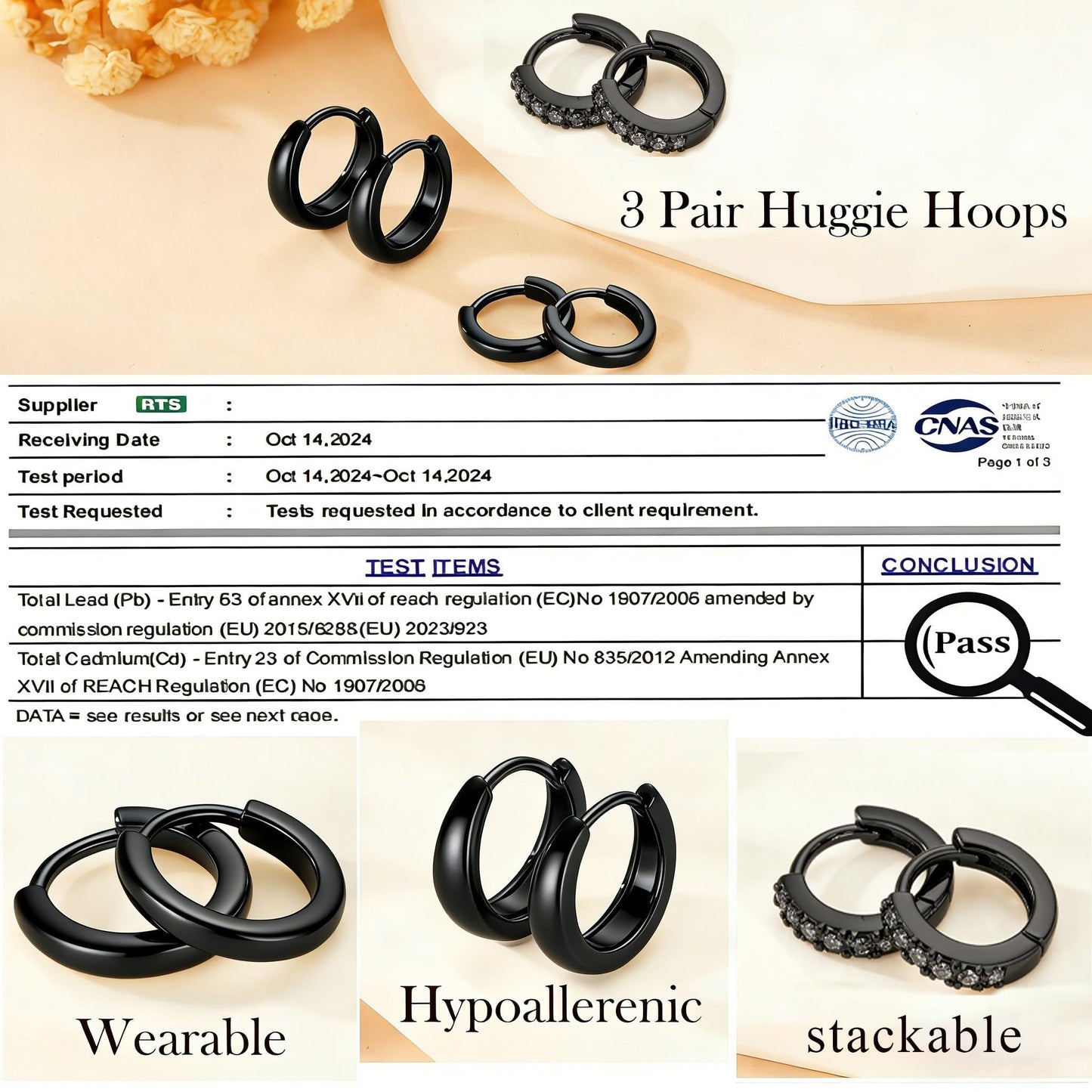 DORANA Black Earrings for Women Non Tarnish Small Huggie Earrings 925 Hypoallergenic Cartilage Stackable Sleeper Hoops Black Stacks Sets for Multiple Piercing,3 Pairs