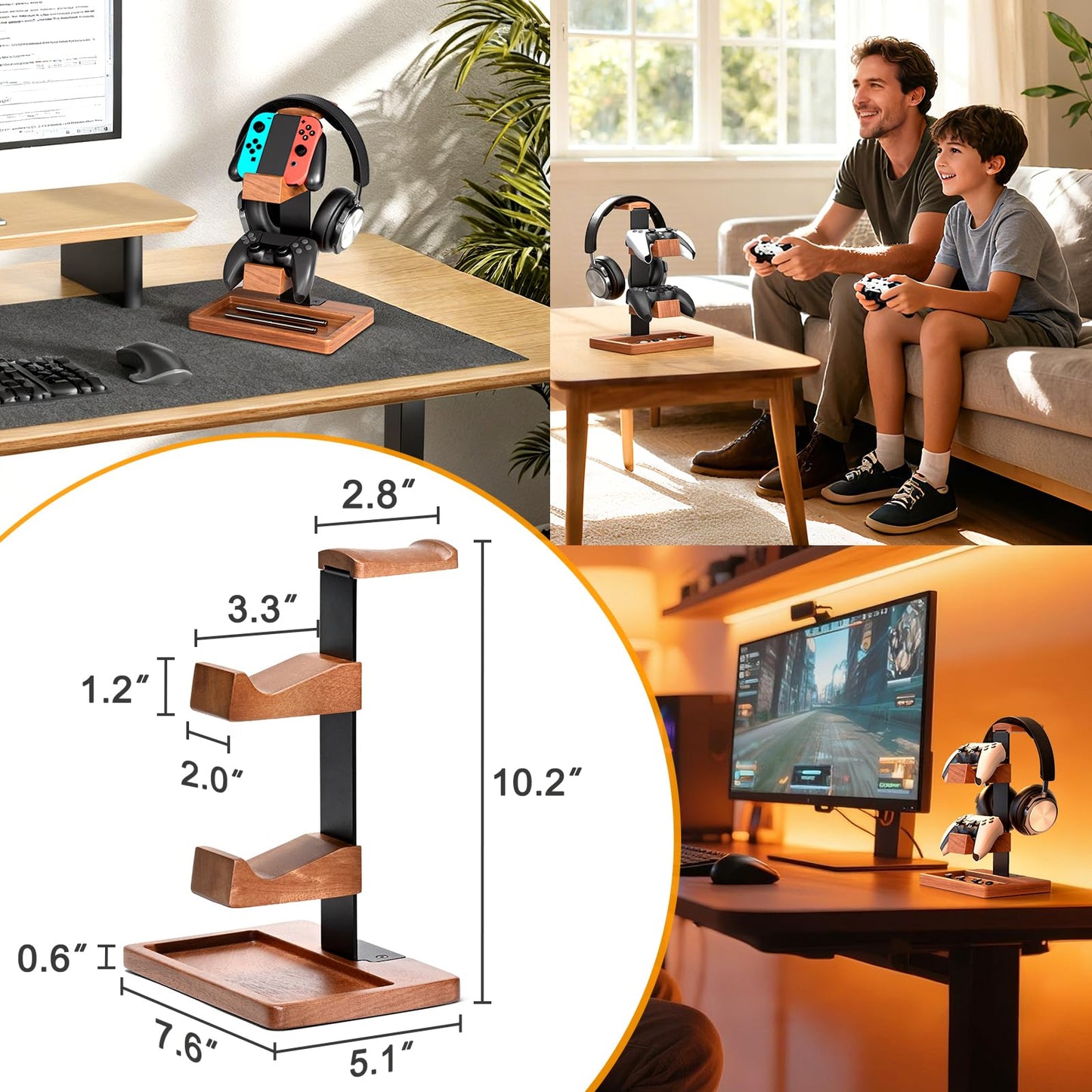 HUMANCOZY Solid Wood Controller Holder and Headphone Stand, Gaming Controller Stand for Desk, Dual Controller Organizer Rack, Fits Xbox, PS4, PS5, Gamepad, Headset Holder for Son, Husband, Boyfriend