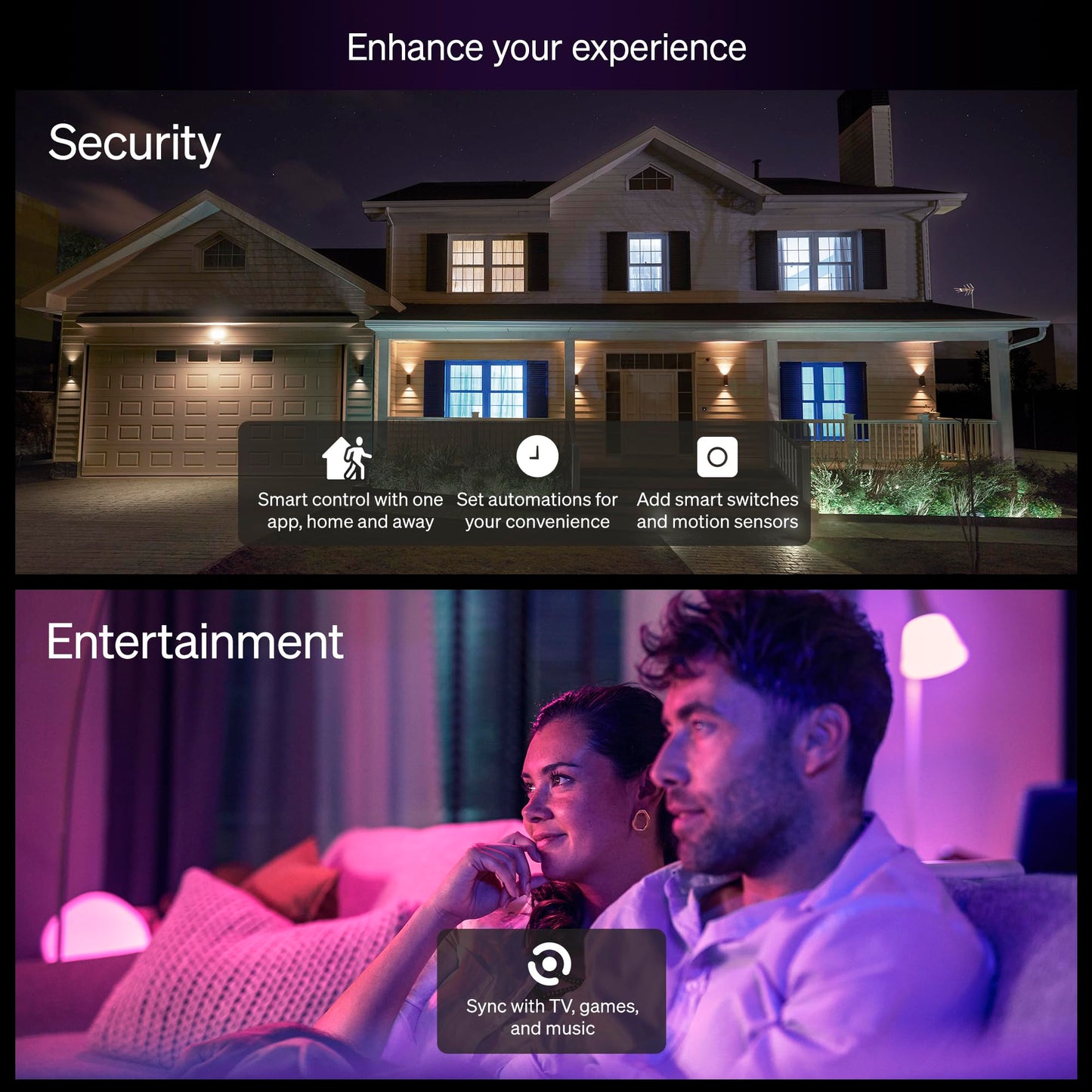 Philips Hue Essential Smart LED A19 Bulb, White and Color Ambiance, E26 Base, 8.8W, 2200K-6500K, 800 Lumens, Dimmable, Works with Alexa, Google, and Apple Home, 4-Pack