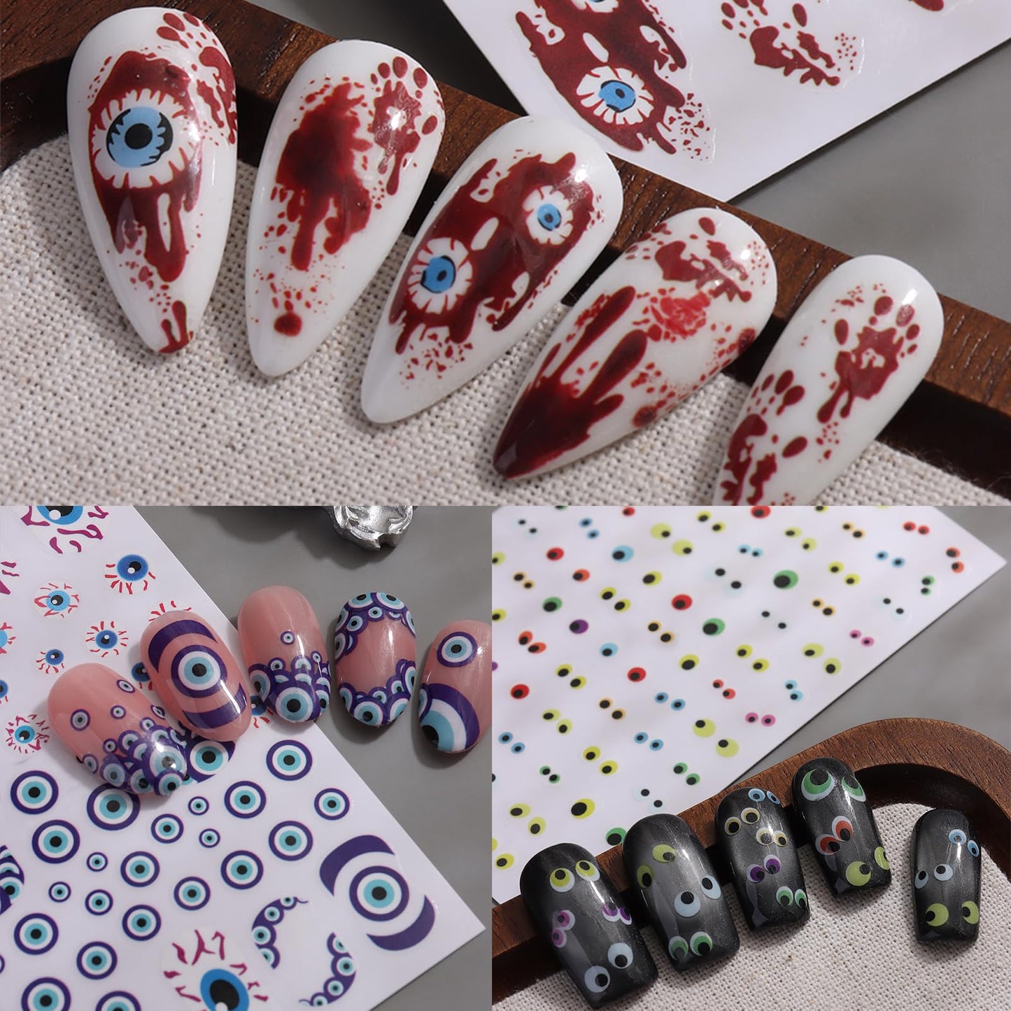 IDDFEVE Halloween Eyeball Nail Stickers - 3D Bloody Horror Eyeball Self-Adhesive Nail Decals for DIY Funny Spooky Manicure (6 Sheets)