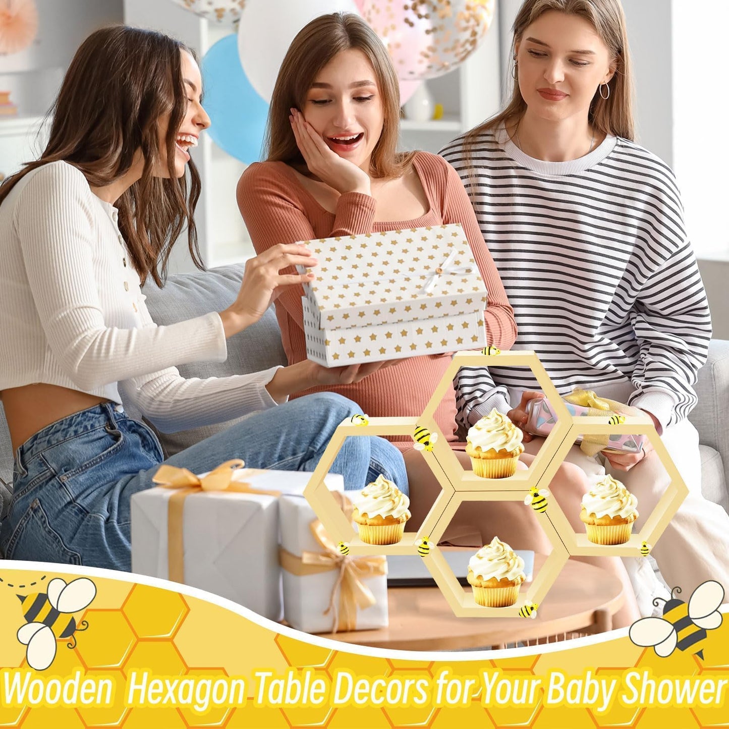 8 Pcs 4.13 Inch Honeycomb Cupcake Stand Cake Farmhouse Hexagon Display Holder Hexagonal Wood Cupcake Stand Floating Table Sign with Wooden Bee for Wedding Baby Shower Birthday Party Table Decorations