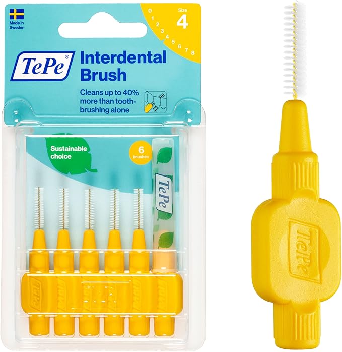 TePe Interdental Brush Original, Soft Dental Brush for Teeth Cleaning, Pack of 6, 0.7 mm, Medium Gaps, Yellow, Size 4