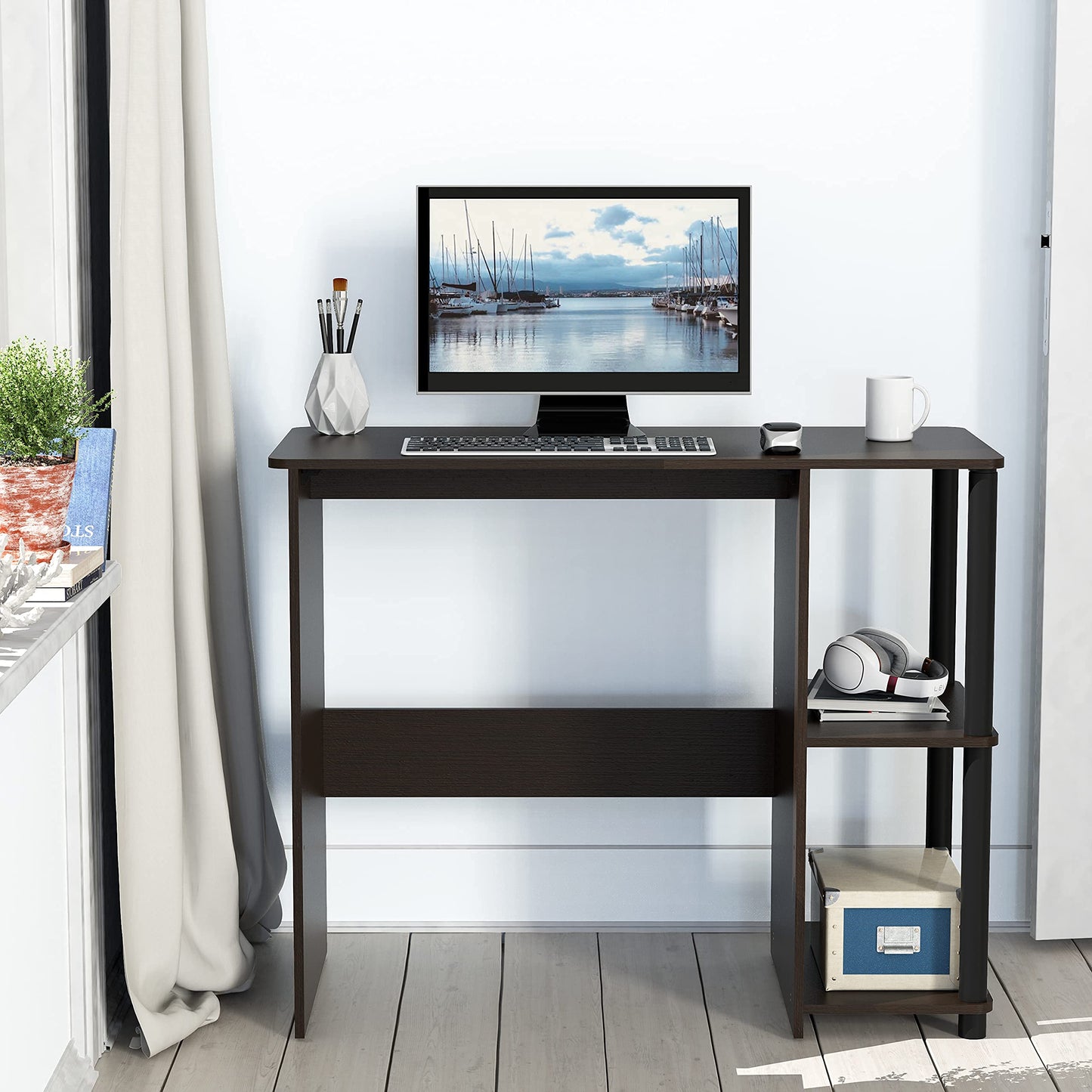 SHW 35-Inch Home Office Cyrus Desk with Open Storage Shelves, Espresso
